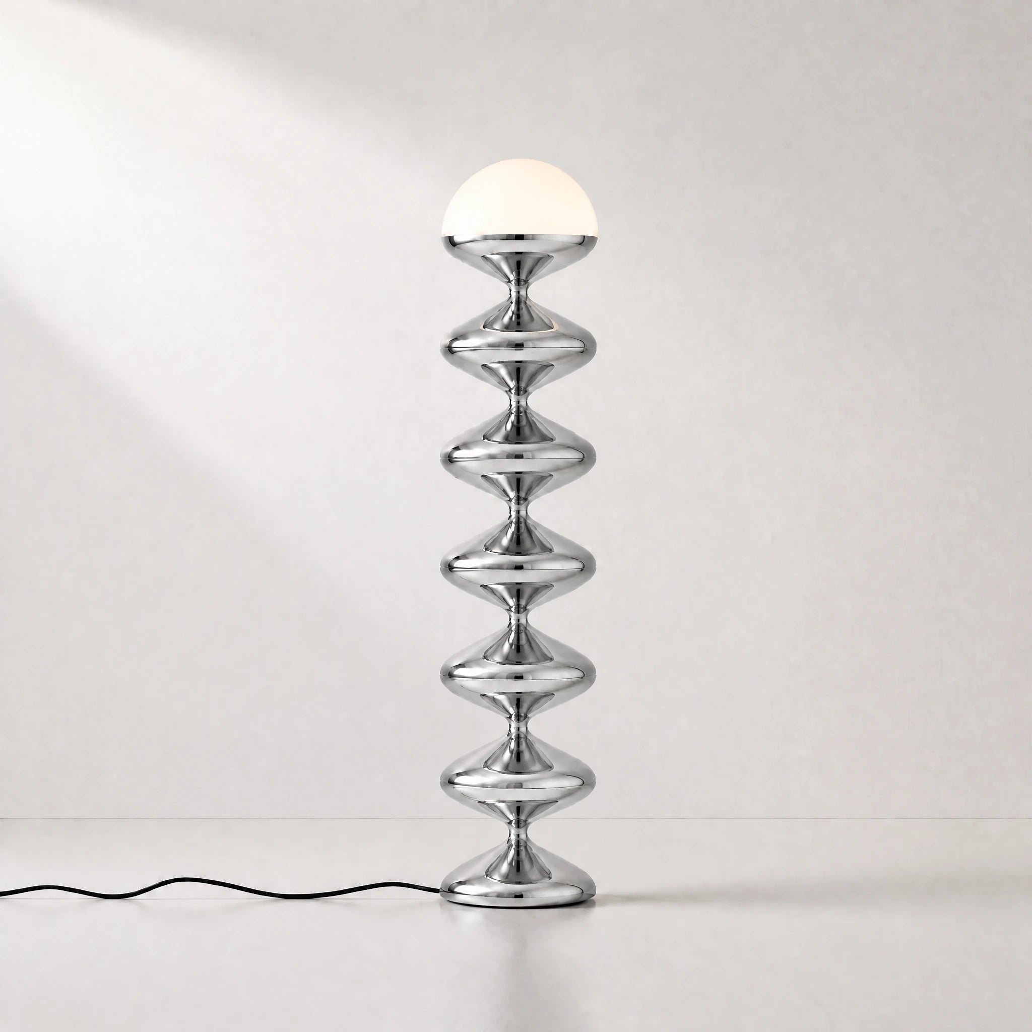 Chrome silver gourd floor lamp with stacked metal discs and frosted dome — view 3