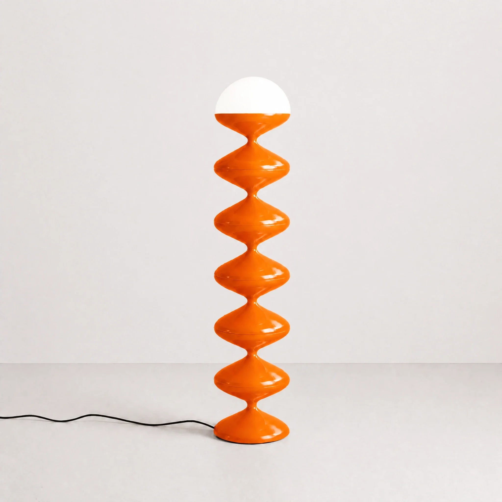 Orange gourd floor lamp with stacked metal discs and frosted dome — view 2