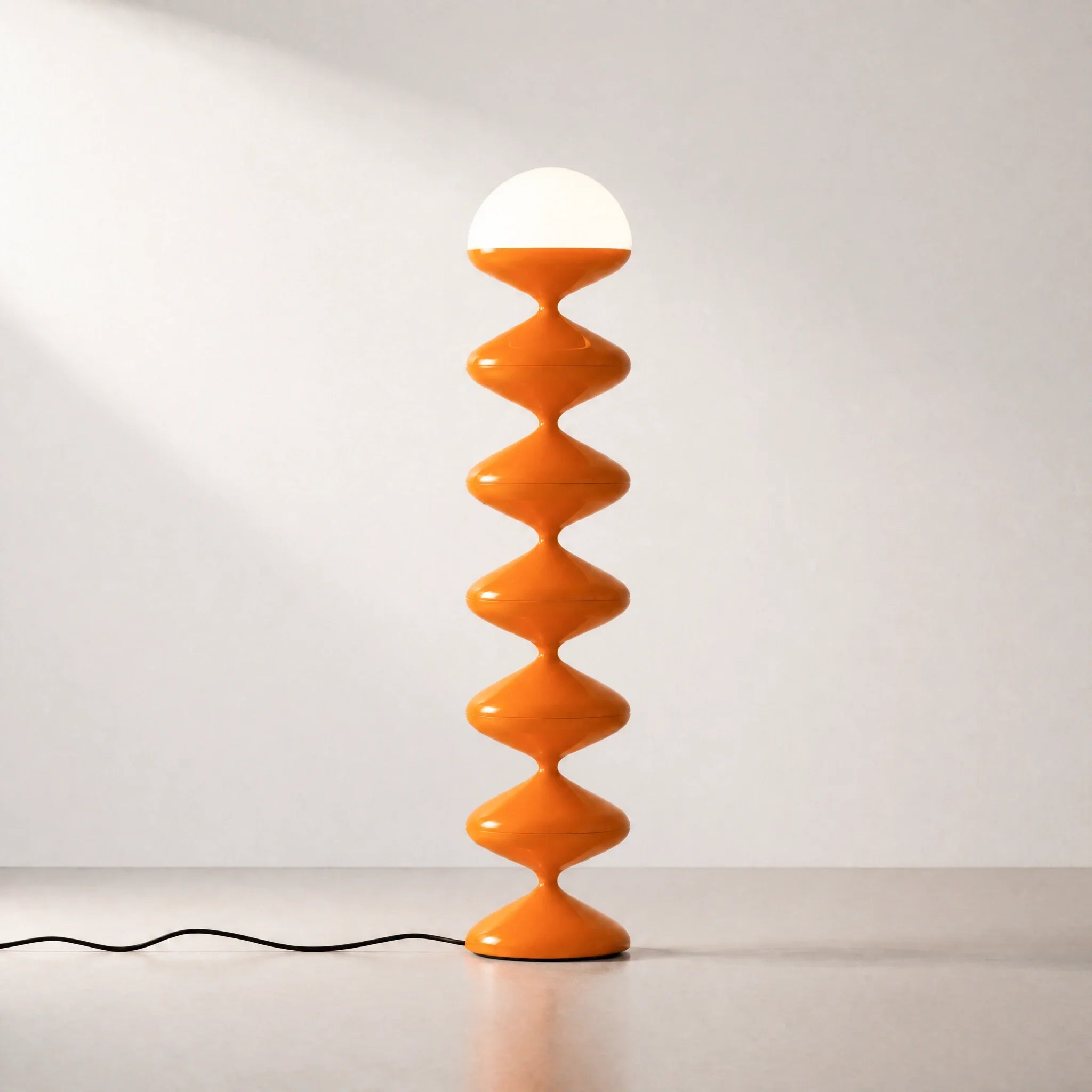 Orange gourd floor lamp with stacked metal discs and frosted dome — view 3