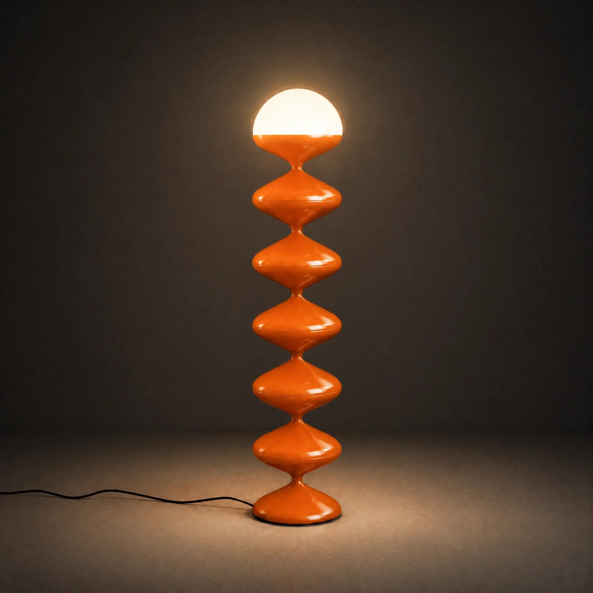 Orange gourd floor lamp with stacked metal discs and frosted dome — view 4