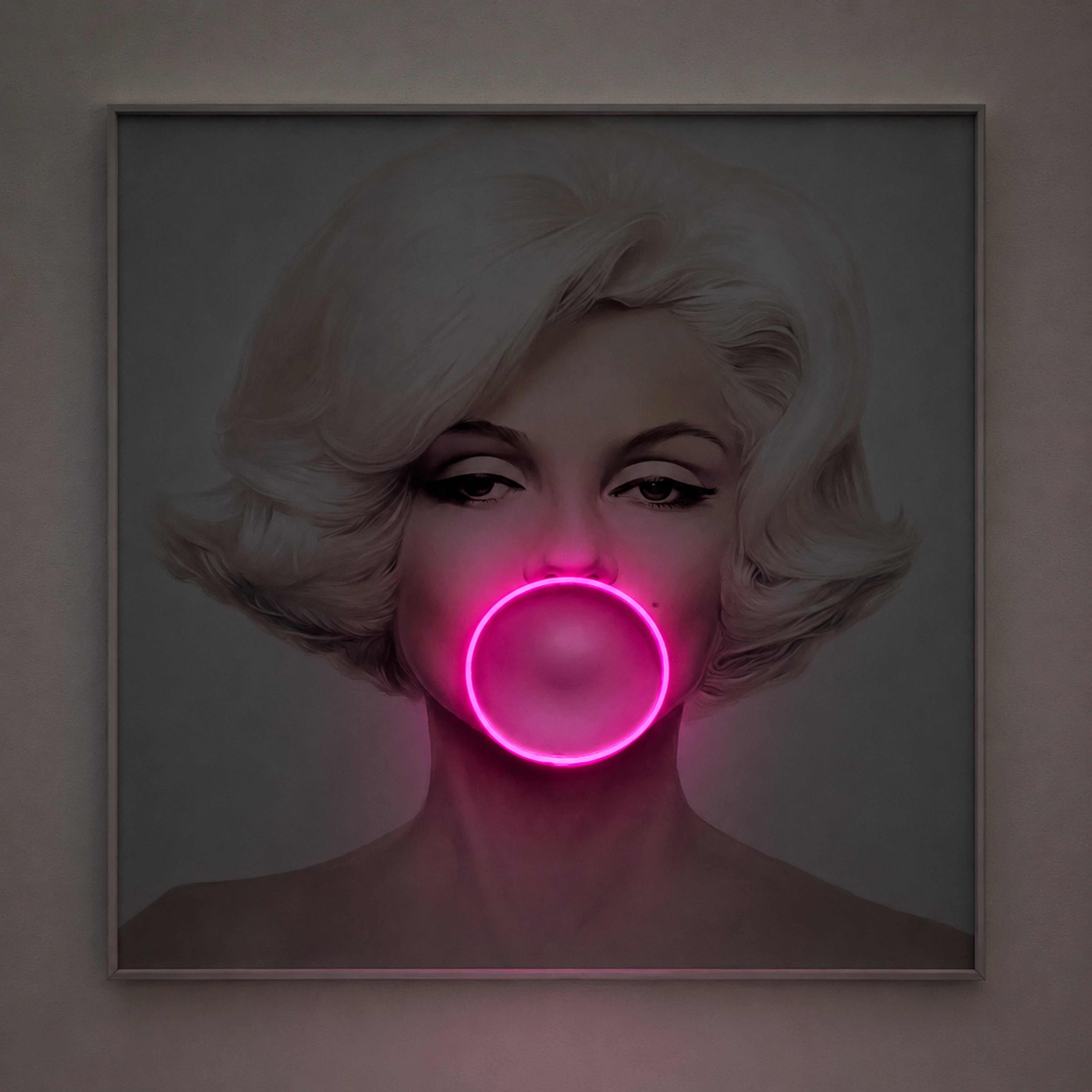 Marilyn Monroe Bubble Gum LED Wall Art – Pink LED Canvas with Bubble Accent Wall Art Interior Moderna