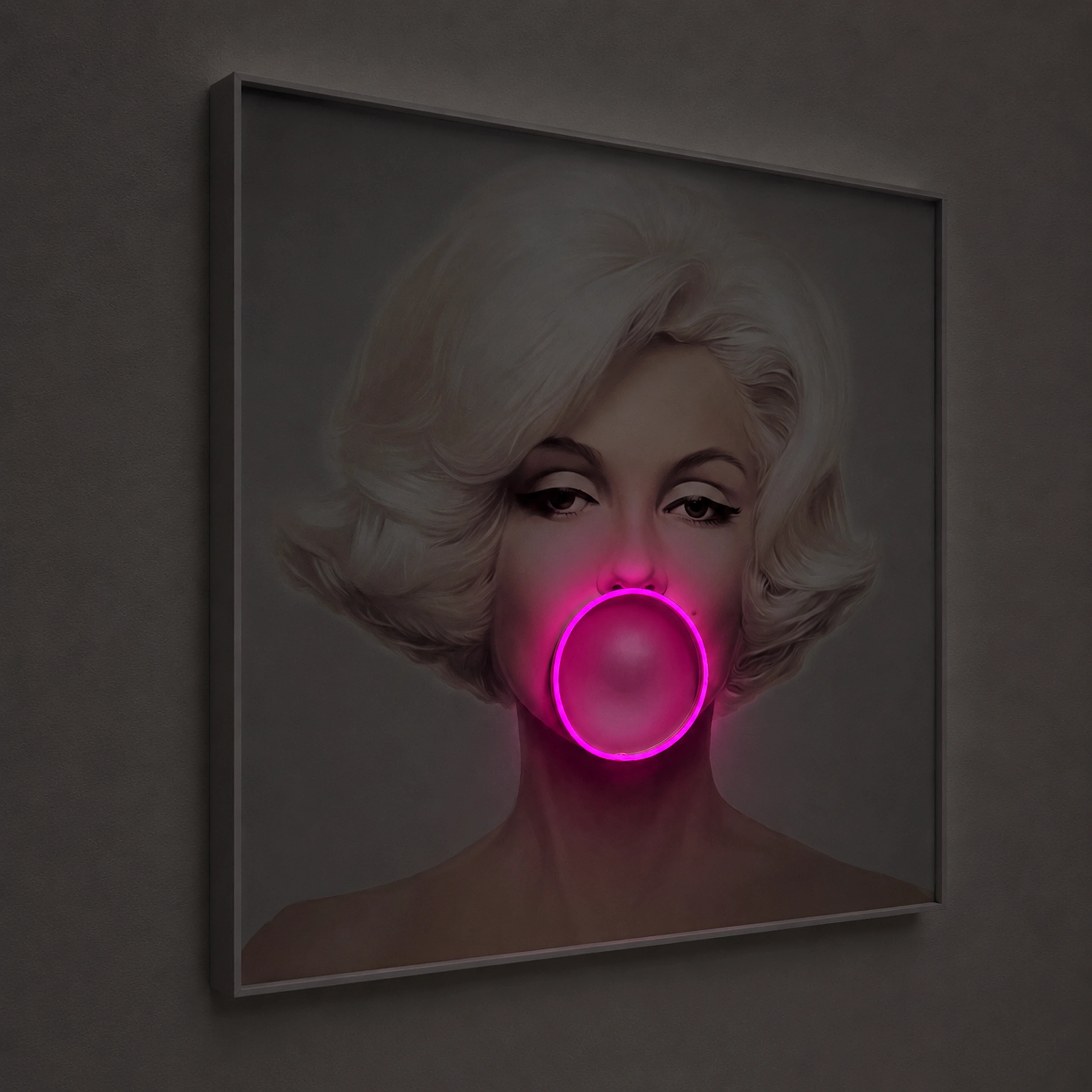 Marilyn Monroe Bubble Gum LED Wall Art – Pink LED Canvas with Bubble Accent Wall Art Interior Moderna