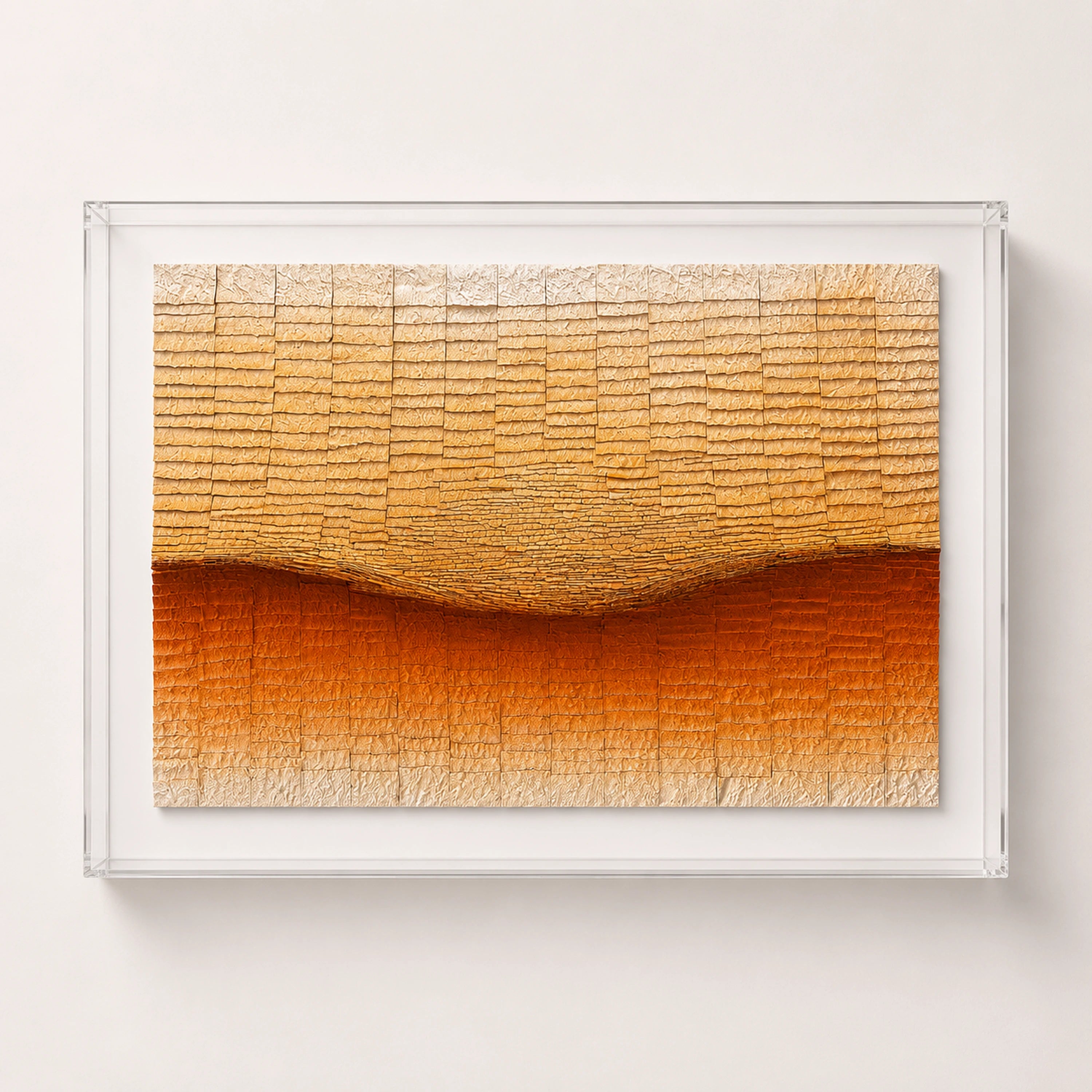 Dune Drift — ivory, amber and burnt-orange layered paper relief wall art in a clear acrylic float frame