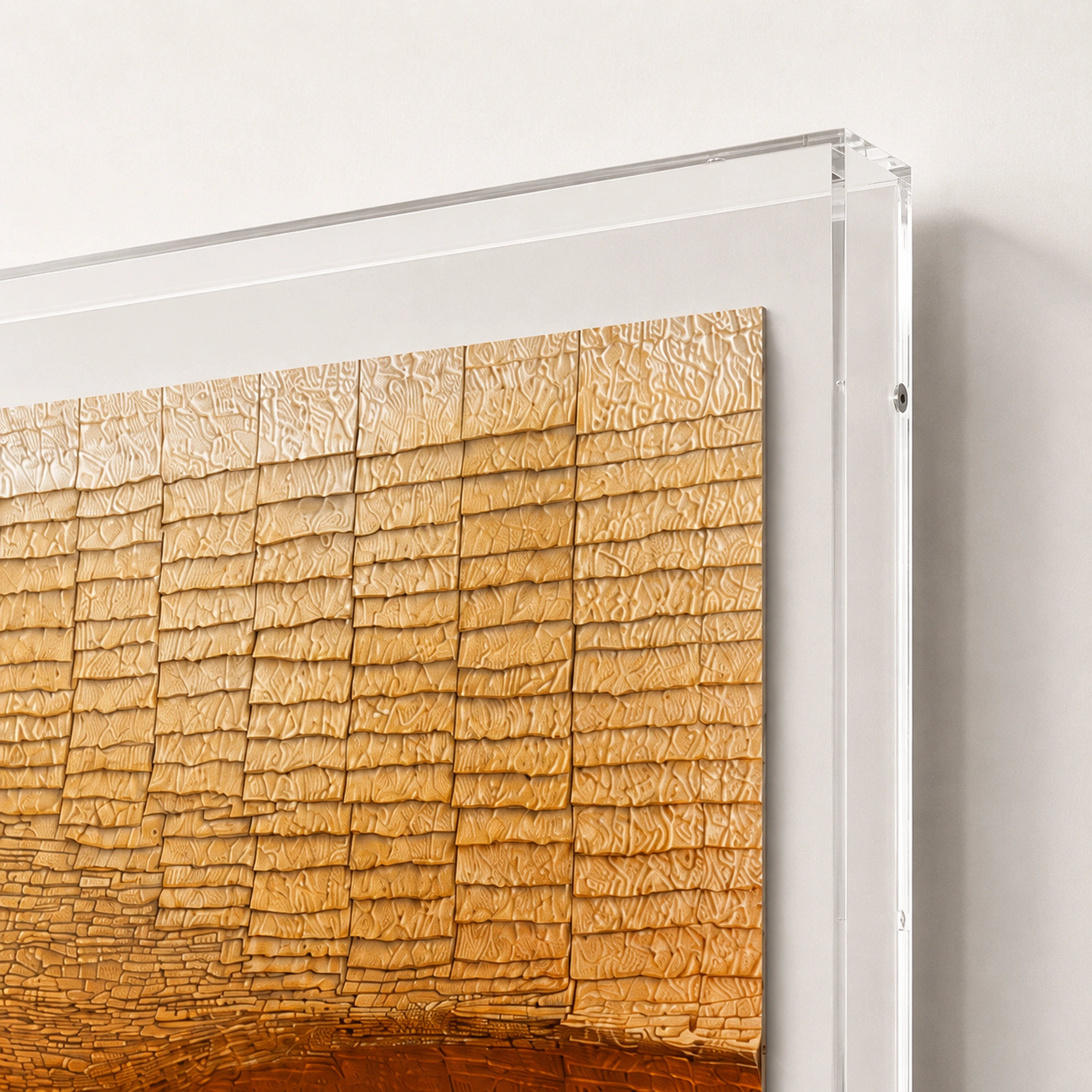 Dune Drift — ivory, amber and burnt-orange layered paper relief wall art in a clear acrylic float frame — view 3