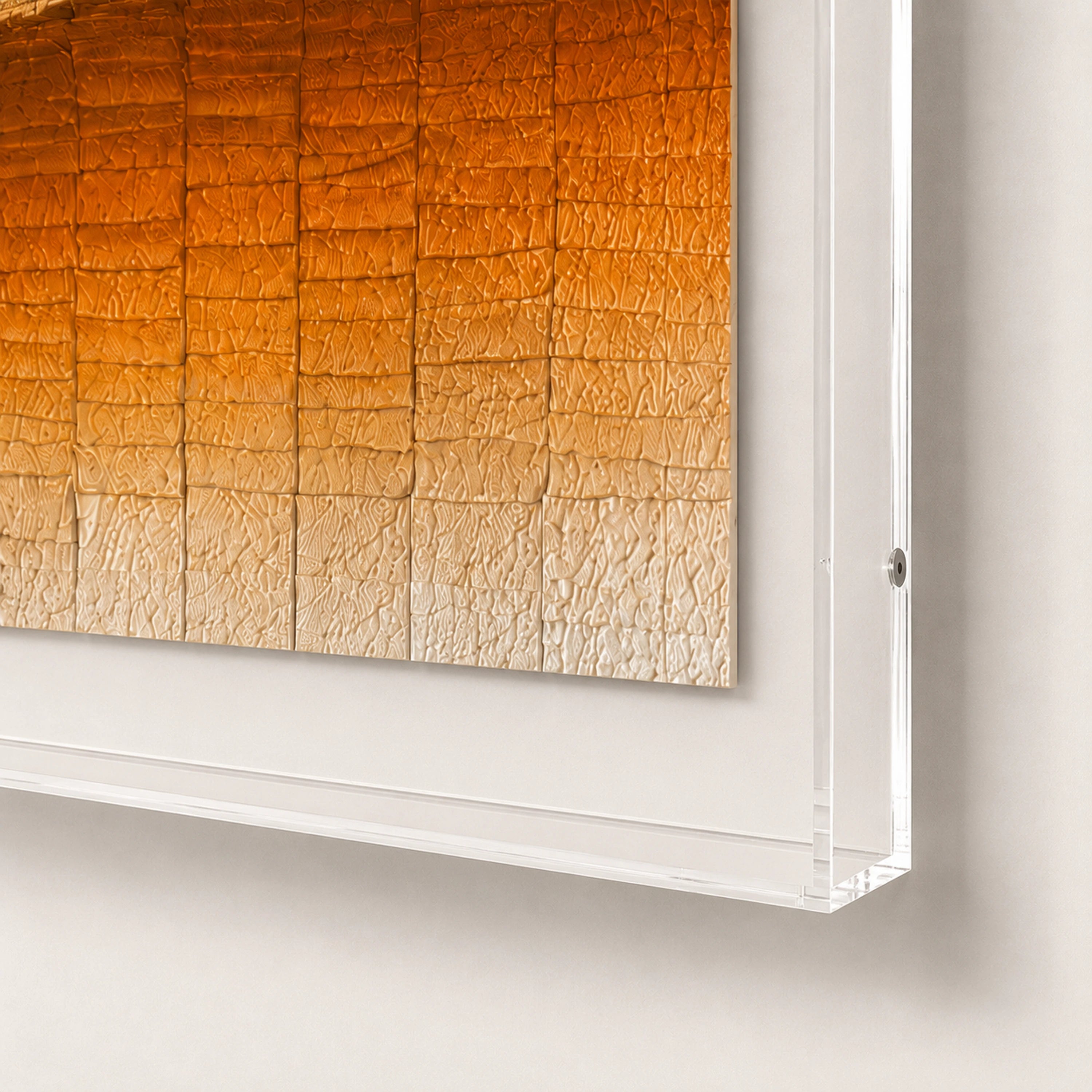 Dune Drift — ivory, amber and burnt-orange layered paper relief wall art in a clear acrylic float frame — view 4