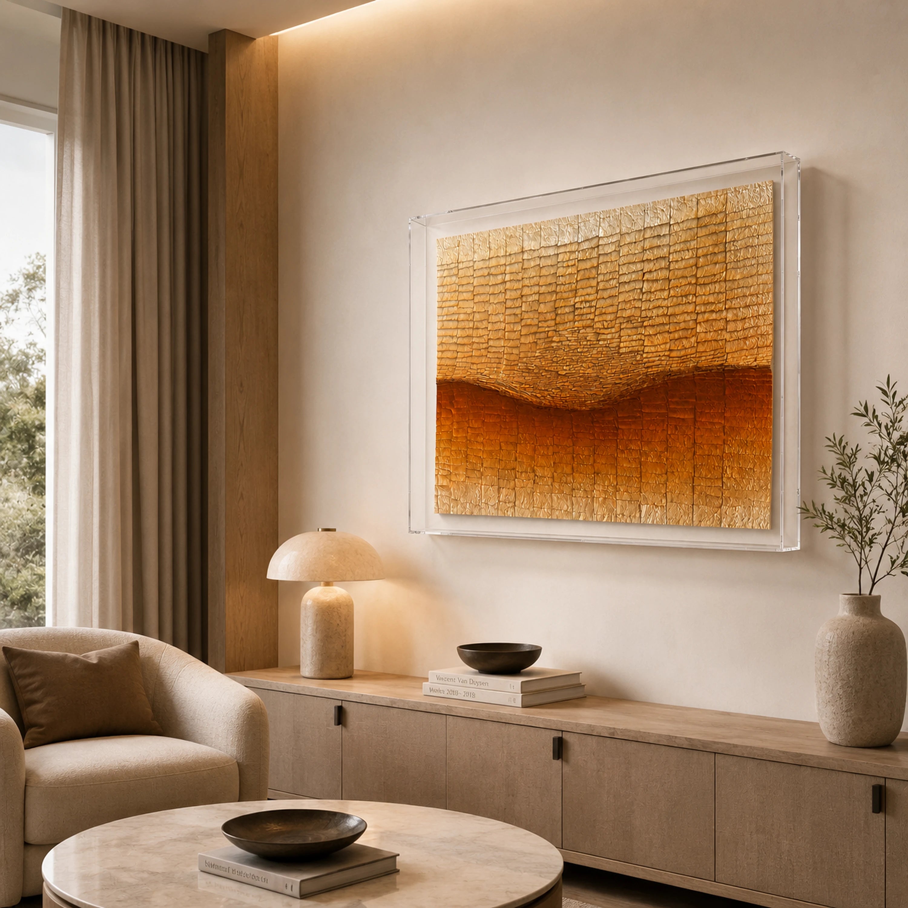 Dune Drift — ivory, amber and burnt-orange layered paper relief wall art in a clear acrylic float frame — view 8