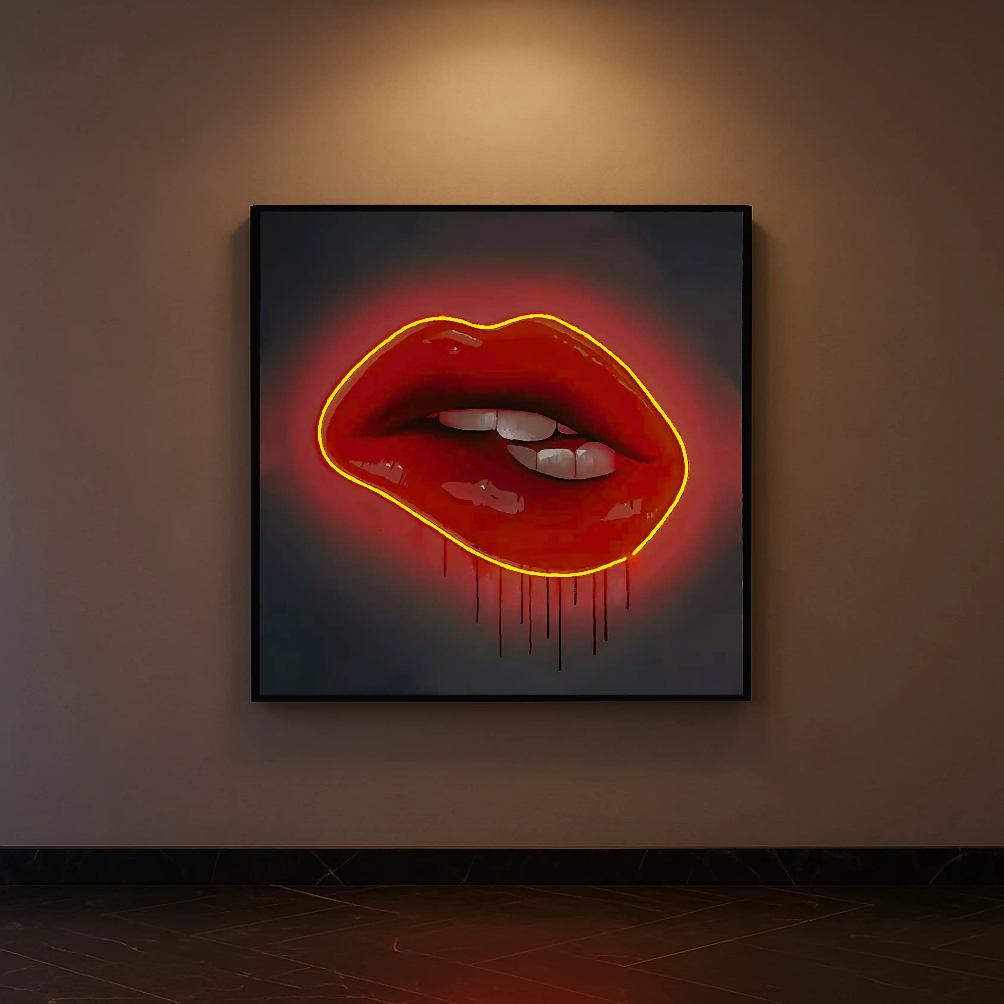 Red Lips LED Wall Art | Lip Biting Red LED Canvas with Paint Drip Wall Art Interior Moderna