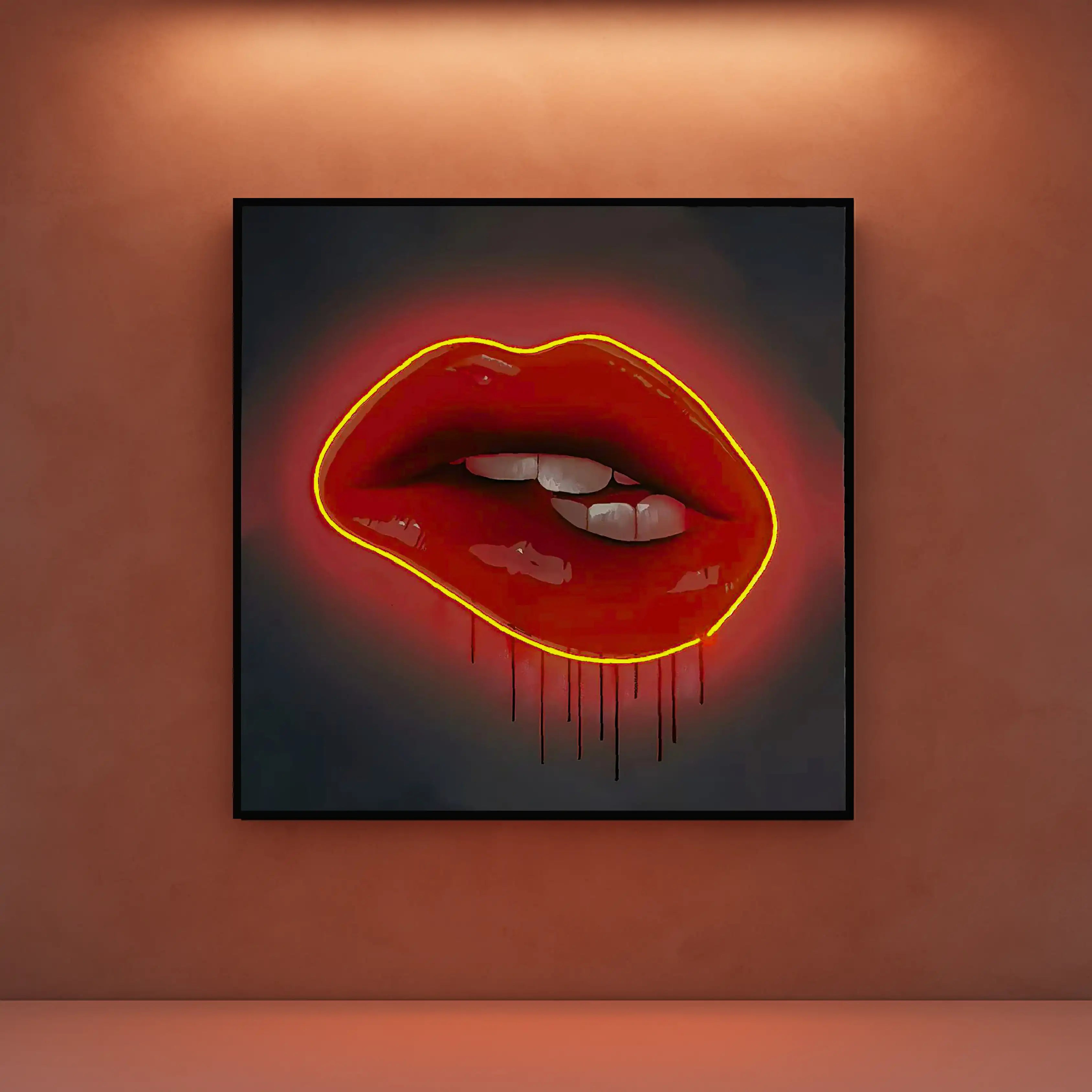 Red Lips LED Wall Art | Lip Biting Red LED Canvas with Paint Drip Wall Art Interior Moderna