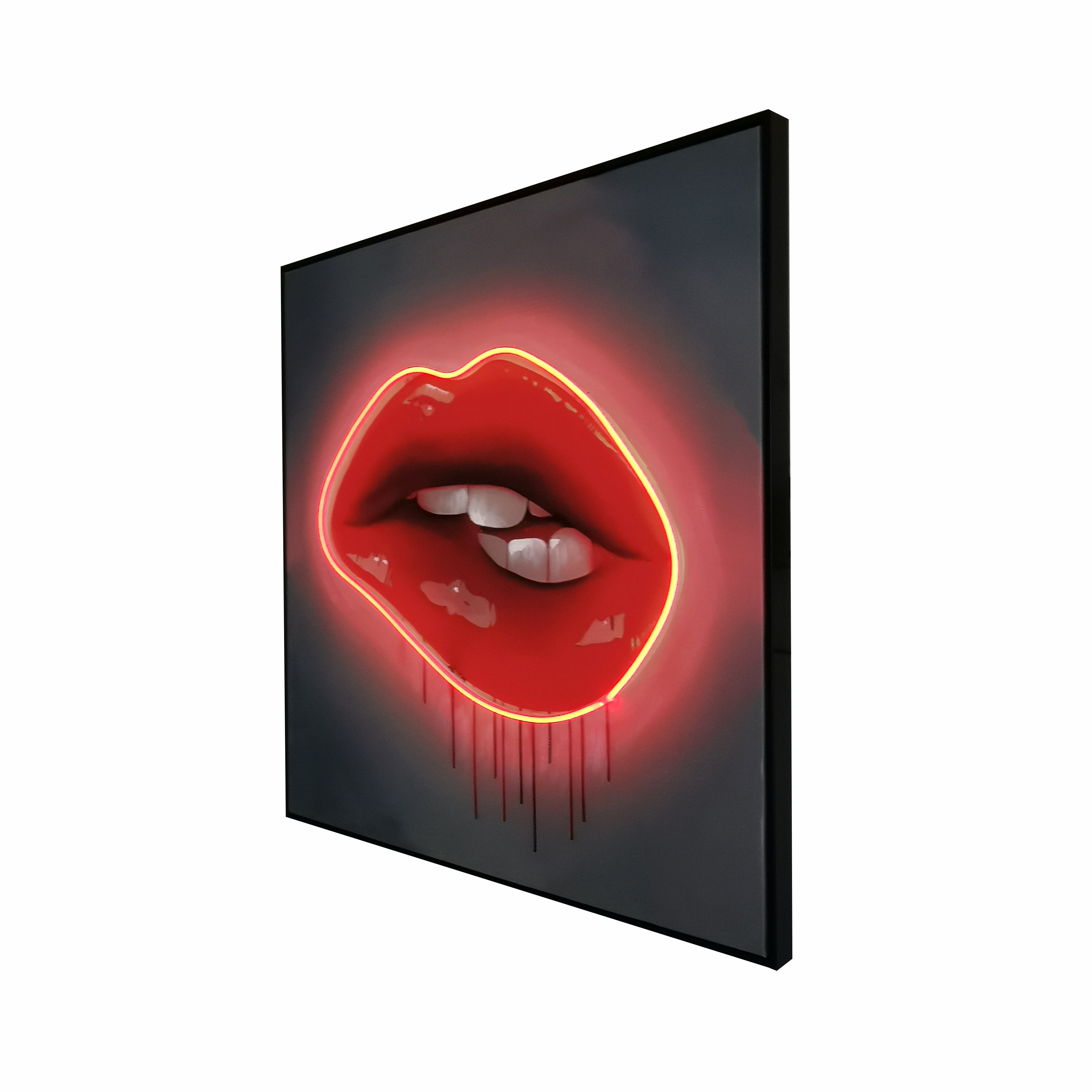 Red Lips LED Wall Art | Lip Biting Red LED Canvas with Paint Drip Wall Art Interior Moderna