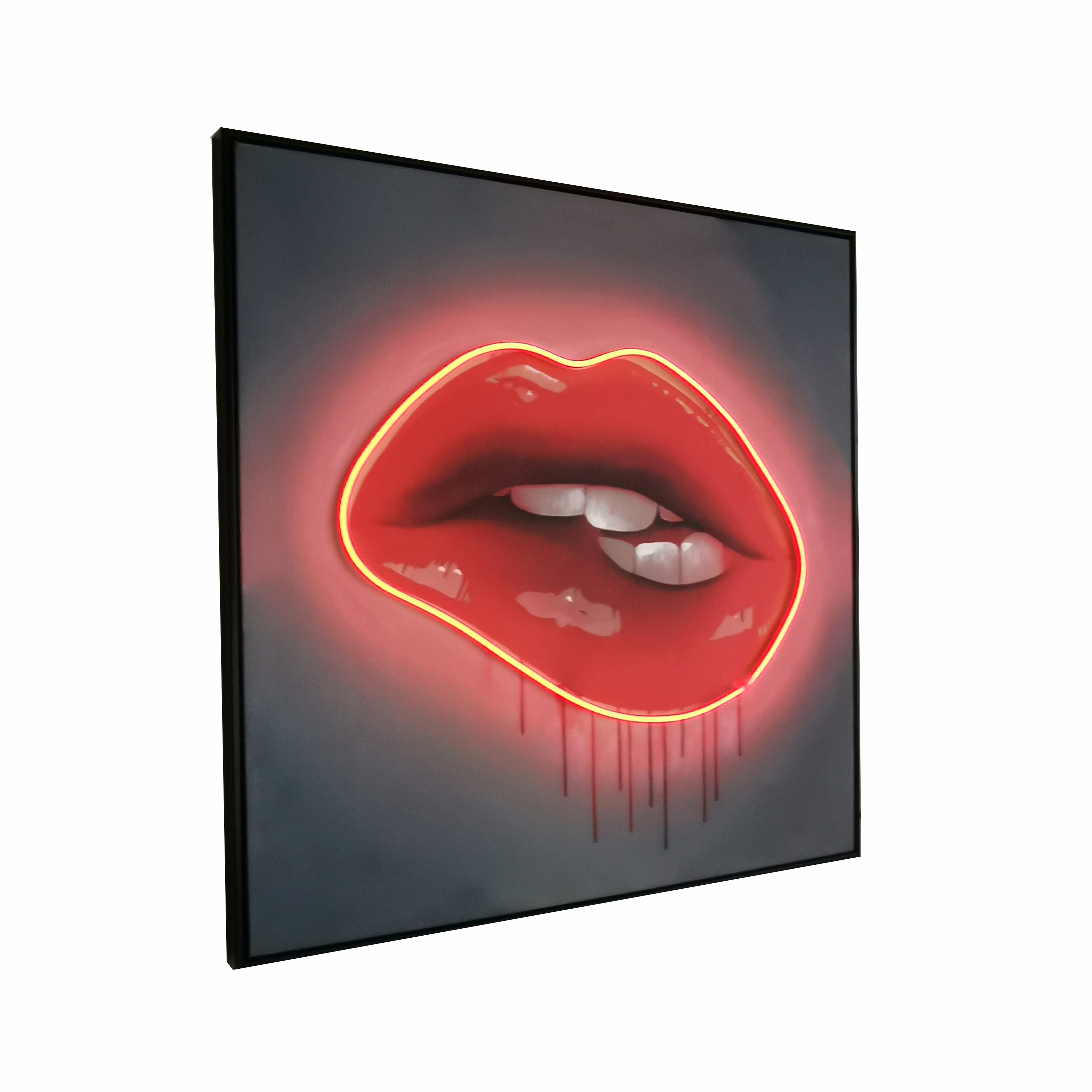 Red Lips LED Wall Art | Lip Biting Red LED Canvas with Paint Drip Wall Art Interior Moderna