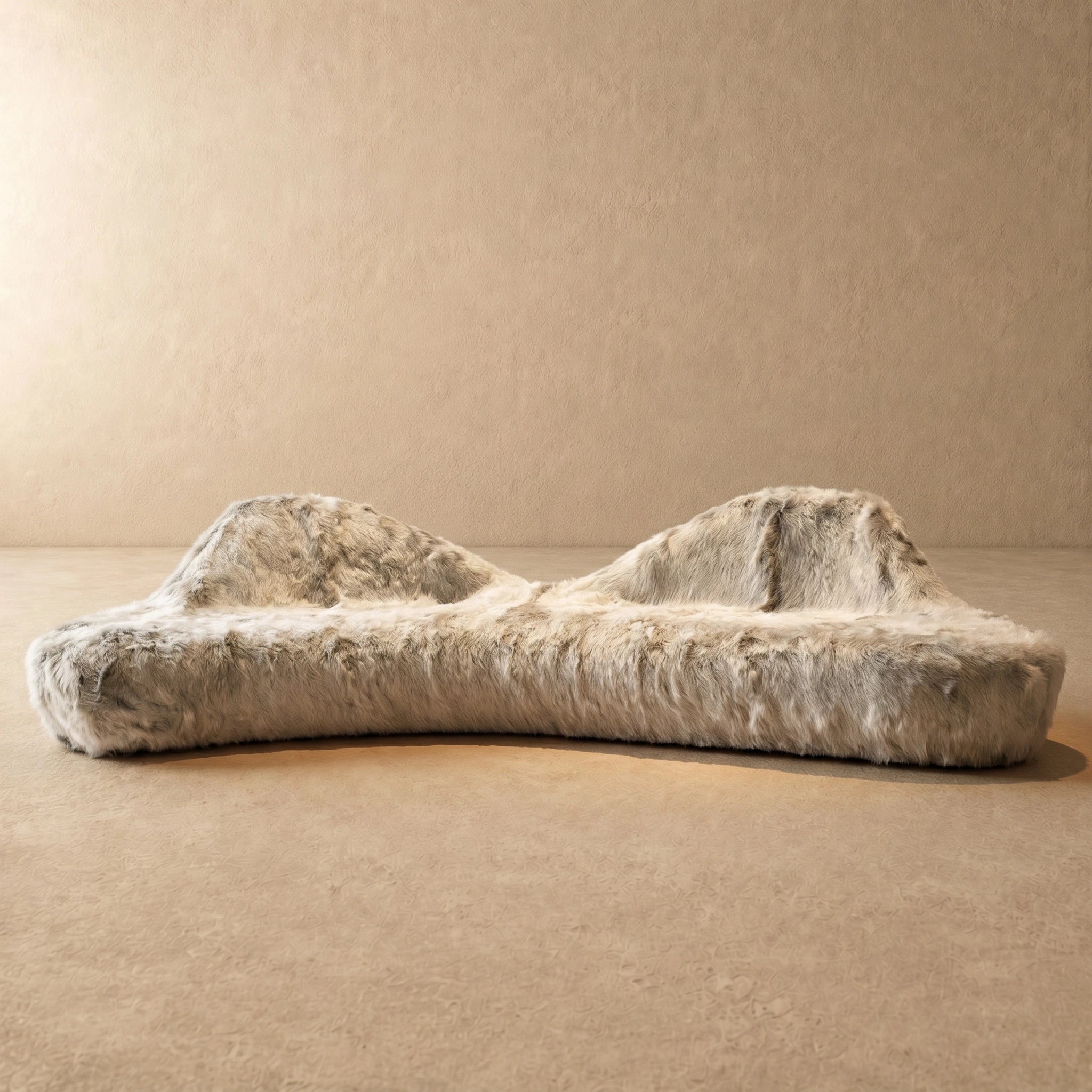 Ivory cream shaggy faux fur organic boulder sofa, three-quarter view