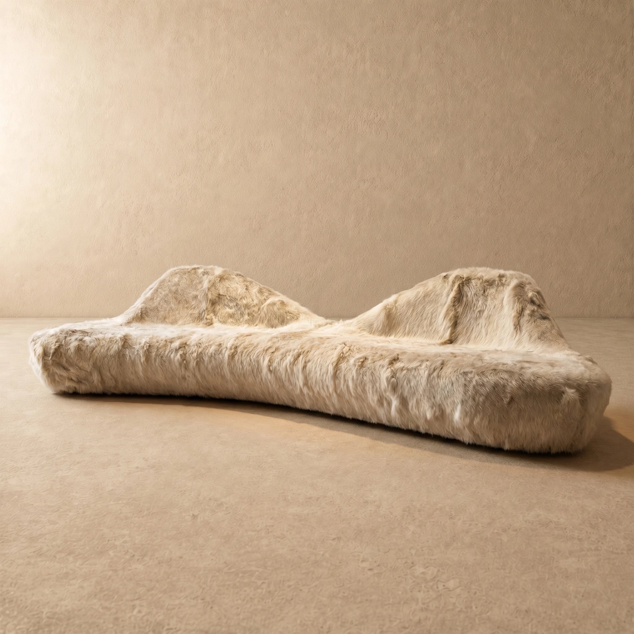 Ivory cream shaggy faux fur organic boulder sofa, three-quarter view