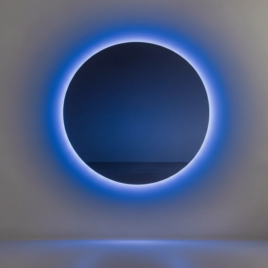 Blue round LED backlit wall mirror — frameless Azure Eclipse mirror with a deep-blue halo on a pale gallery wall