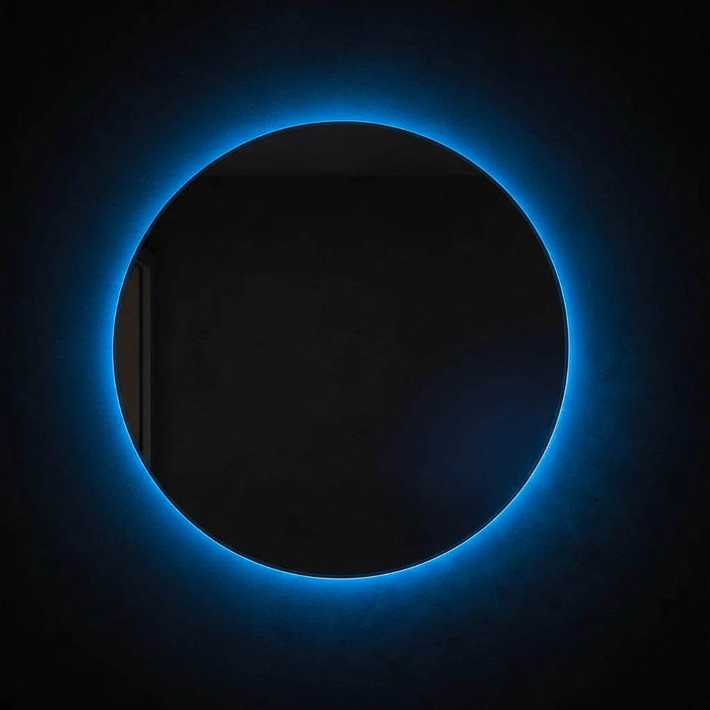 Frameless round wall mirror with a deep-blue LED halo on a black background