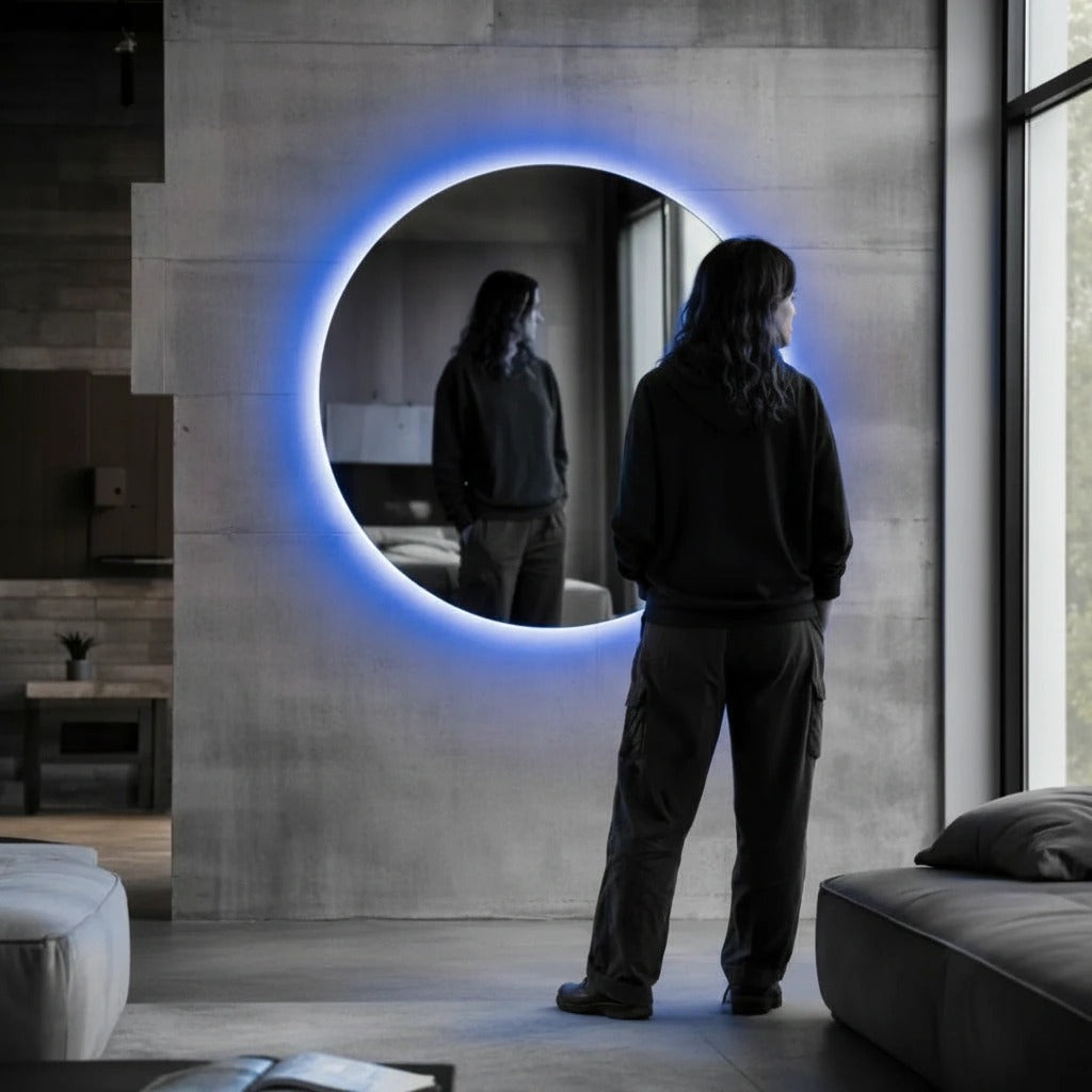 Blue backlit round wall mirror in a concrete loft, shown to scale beside a person