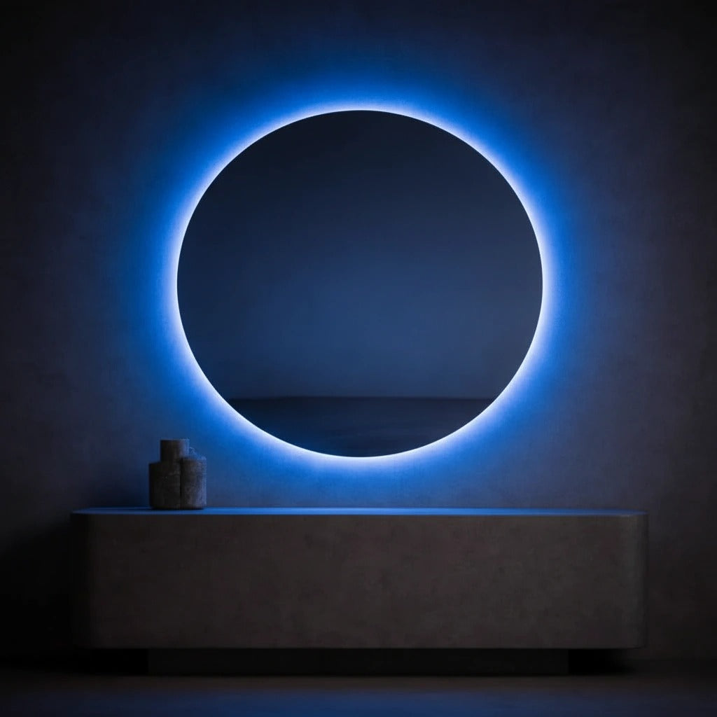 Round blue LED backlit wall mirror reflecting a dim room, styled over a stone console