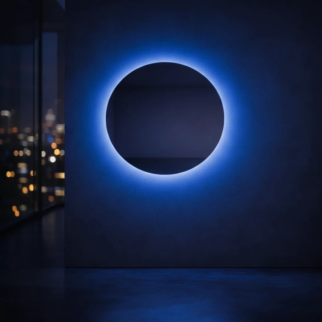 Round blue LED wall mirror glowing against a night penthouse window