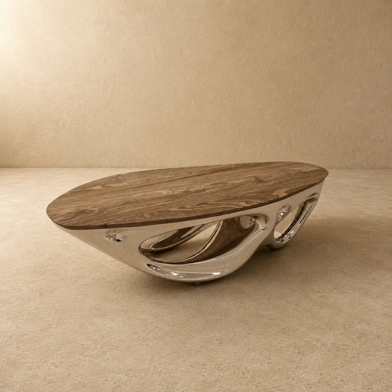 Zebrawood oval top of the Chrome Mirage coffee table seen from above
