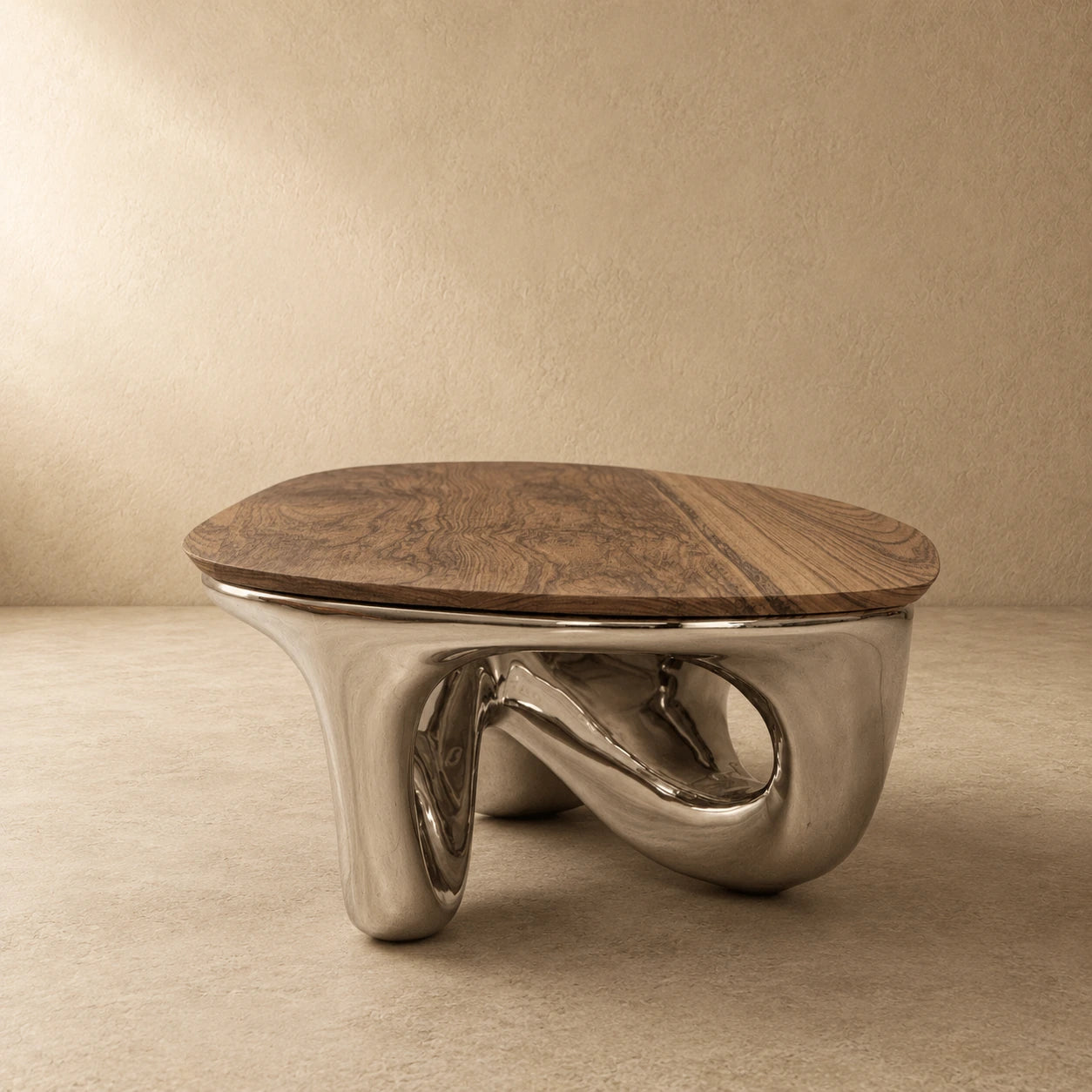 Chrome and wood oval coffee table — three-quarter view of the mirror-chrome sculptural base