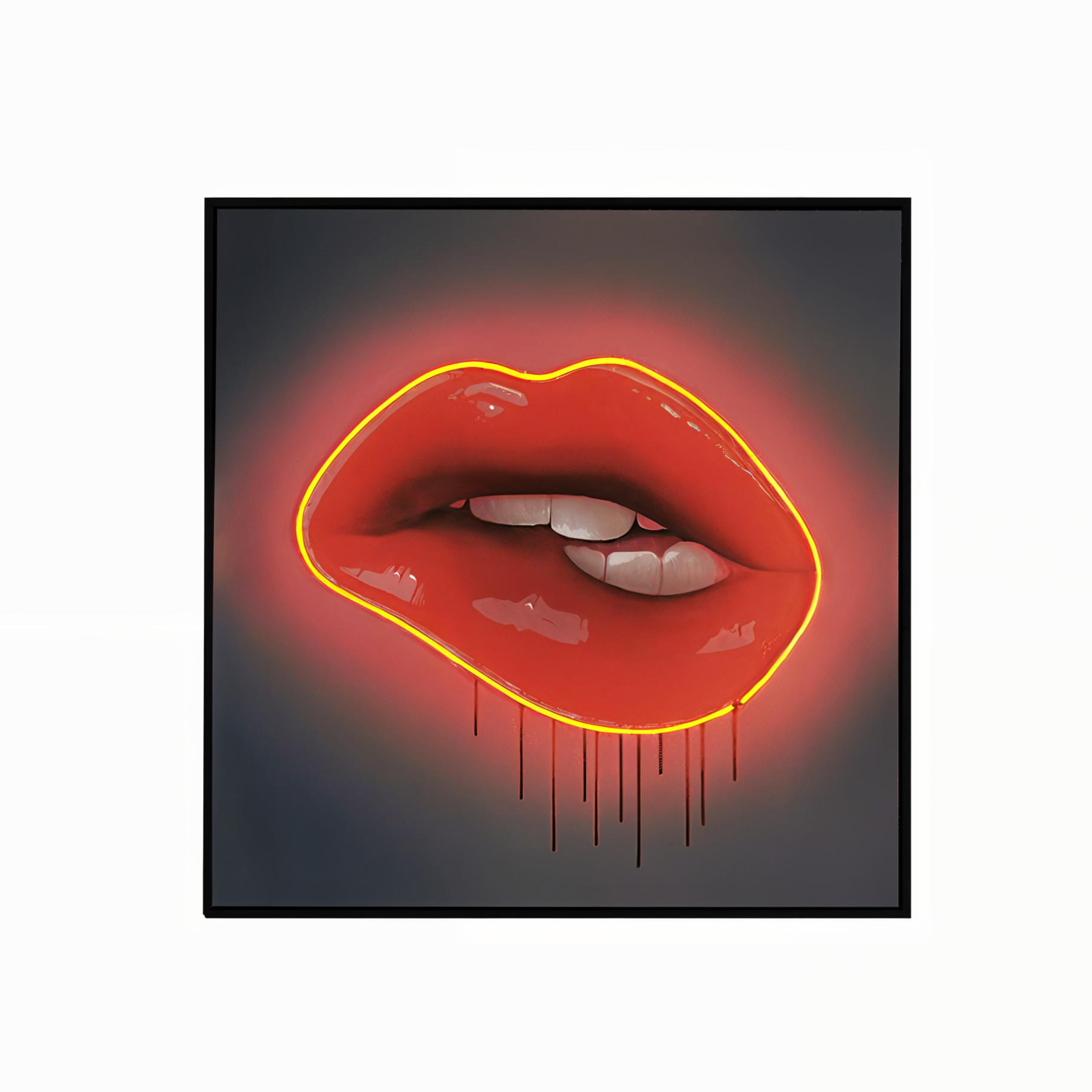 Red Lips LED Wall Art | Lip Biting Red LED Canvas with Paint Drip Wall Art Interior Moderna