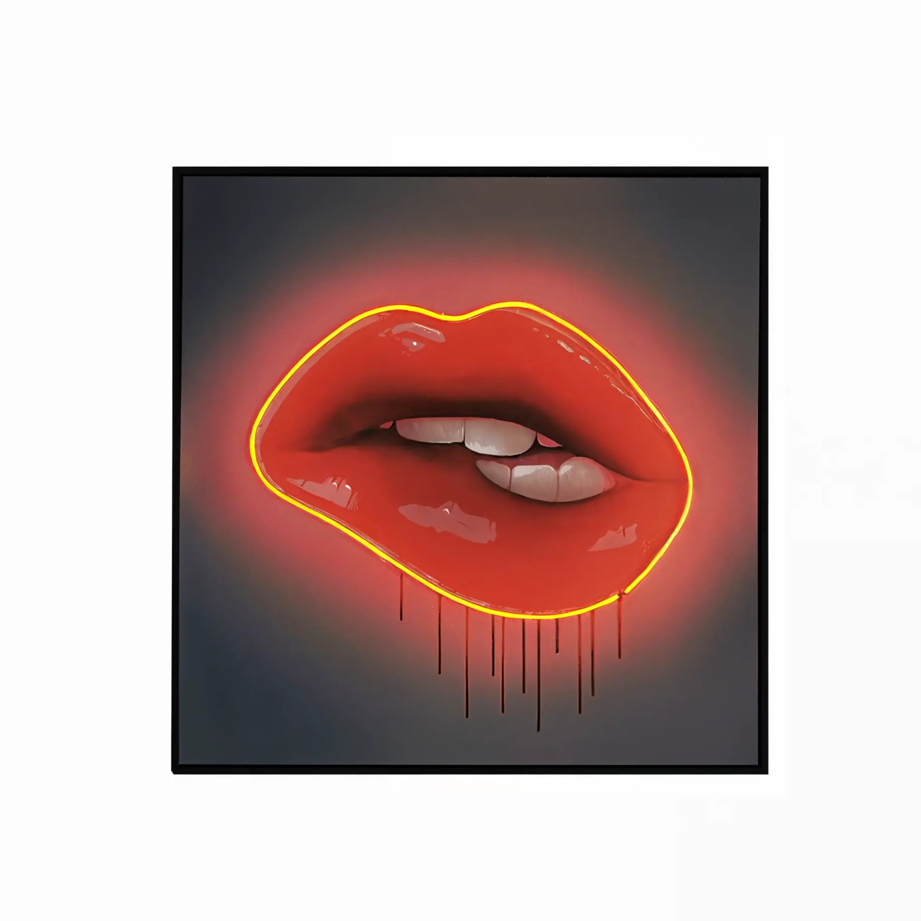 Red Lips LED Wall Art | Lip Biting Red LED Canvas with Paint Drip Wall Art Interior Moderna