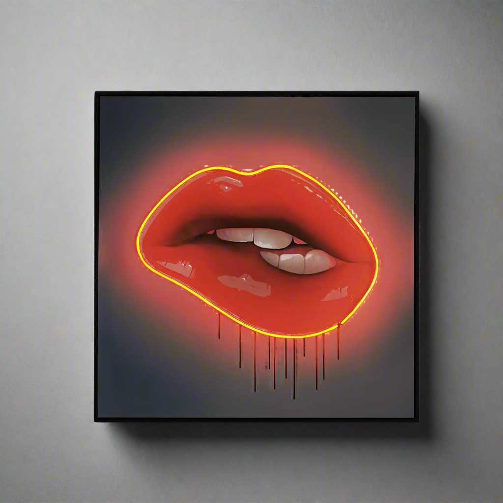 Red Lips LED Wall Art | Lip Biting Red LED Canvas with Paint Drip Wall Art Interior Moderna