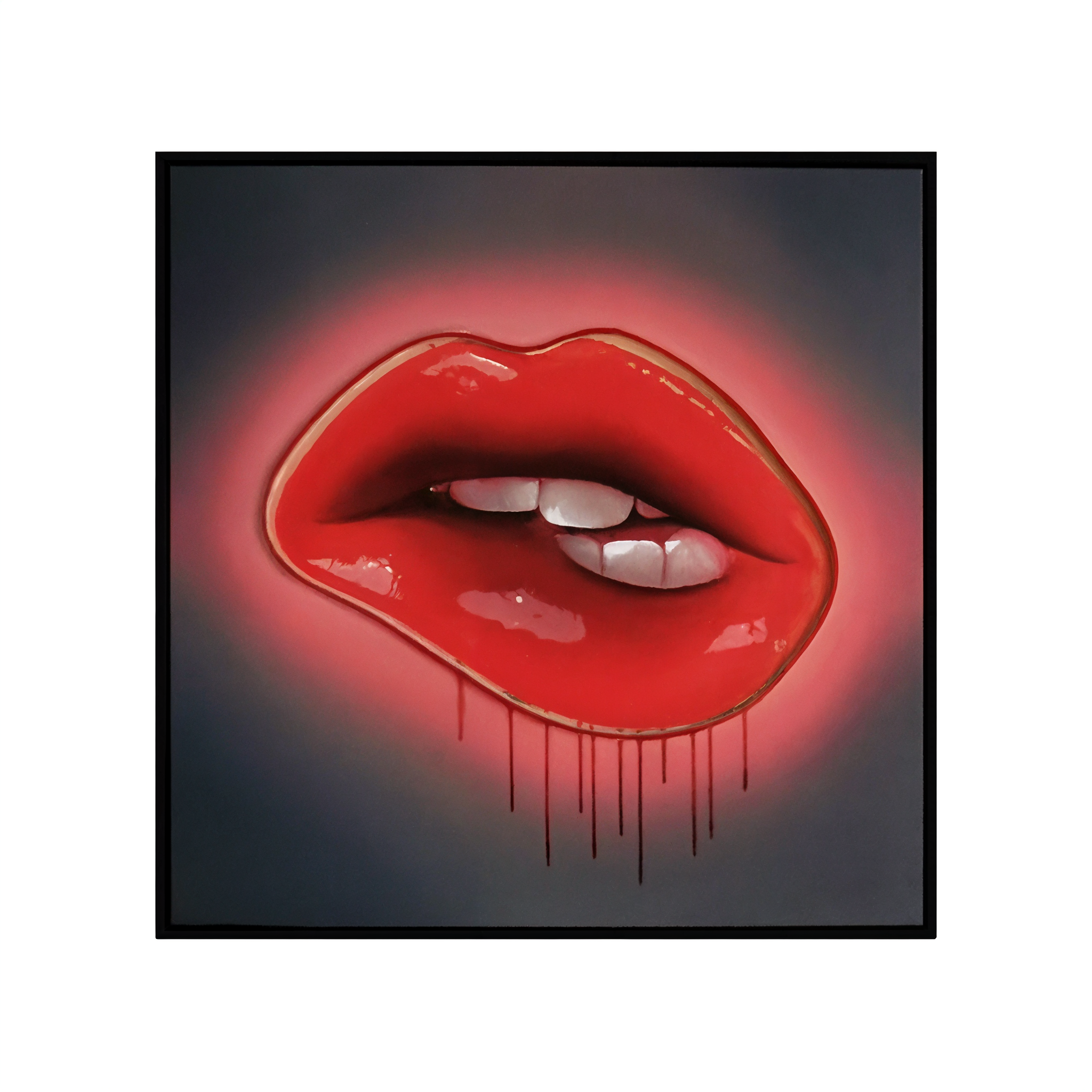 Red Lips LED Wall Art | Lip Biting Red LED Canvas with Paint Drip Wall Art Interior Moderna