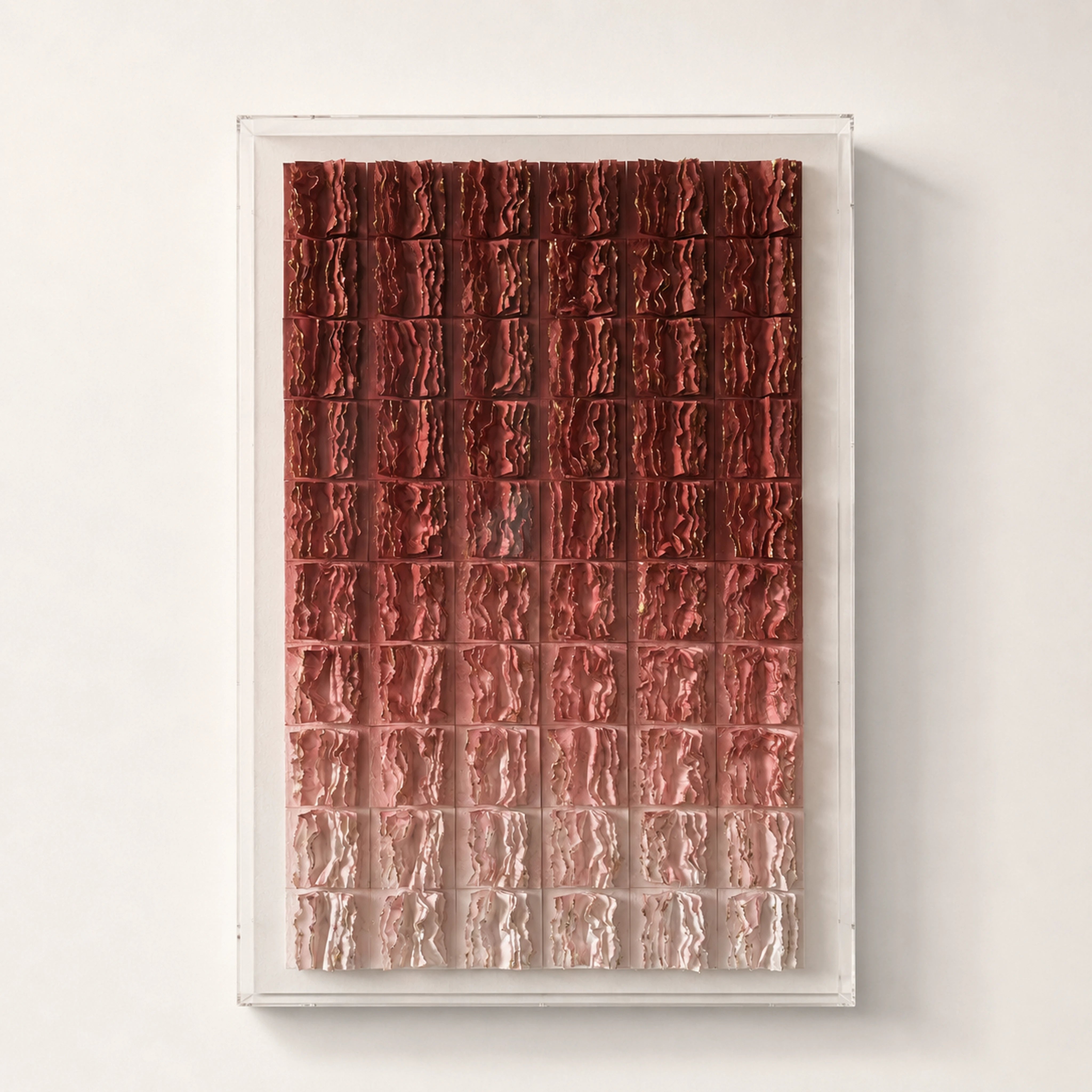 Garnet Ombré — garnet-to-white ombré layered paper-tile wall art in a clear acrylic box