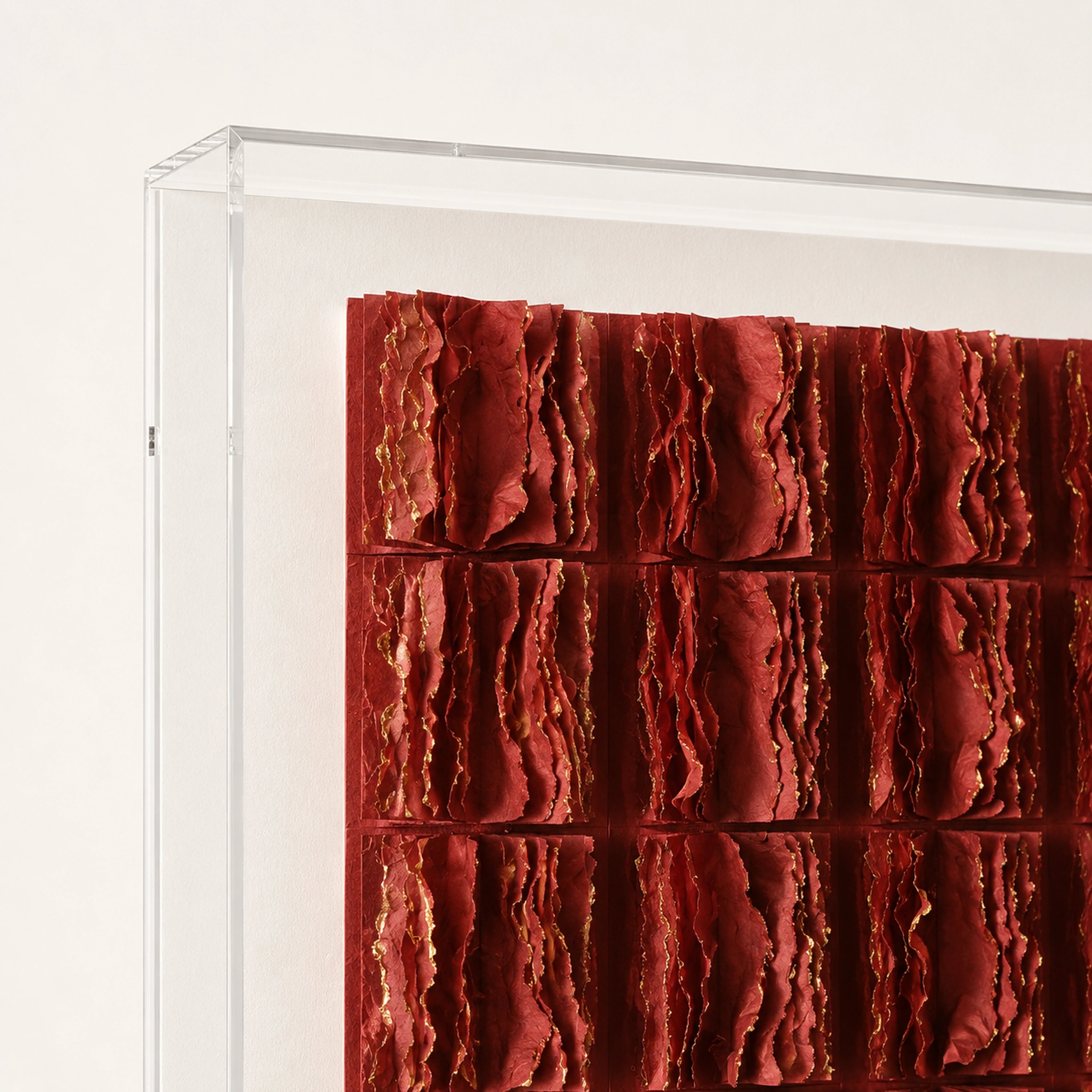 Garnet Ombré — garnet-to-white ombré layered paper-tile wall art in a clear acrylic box