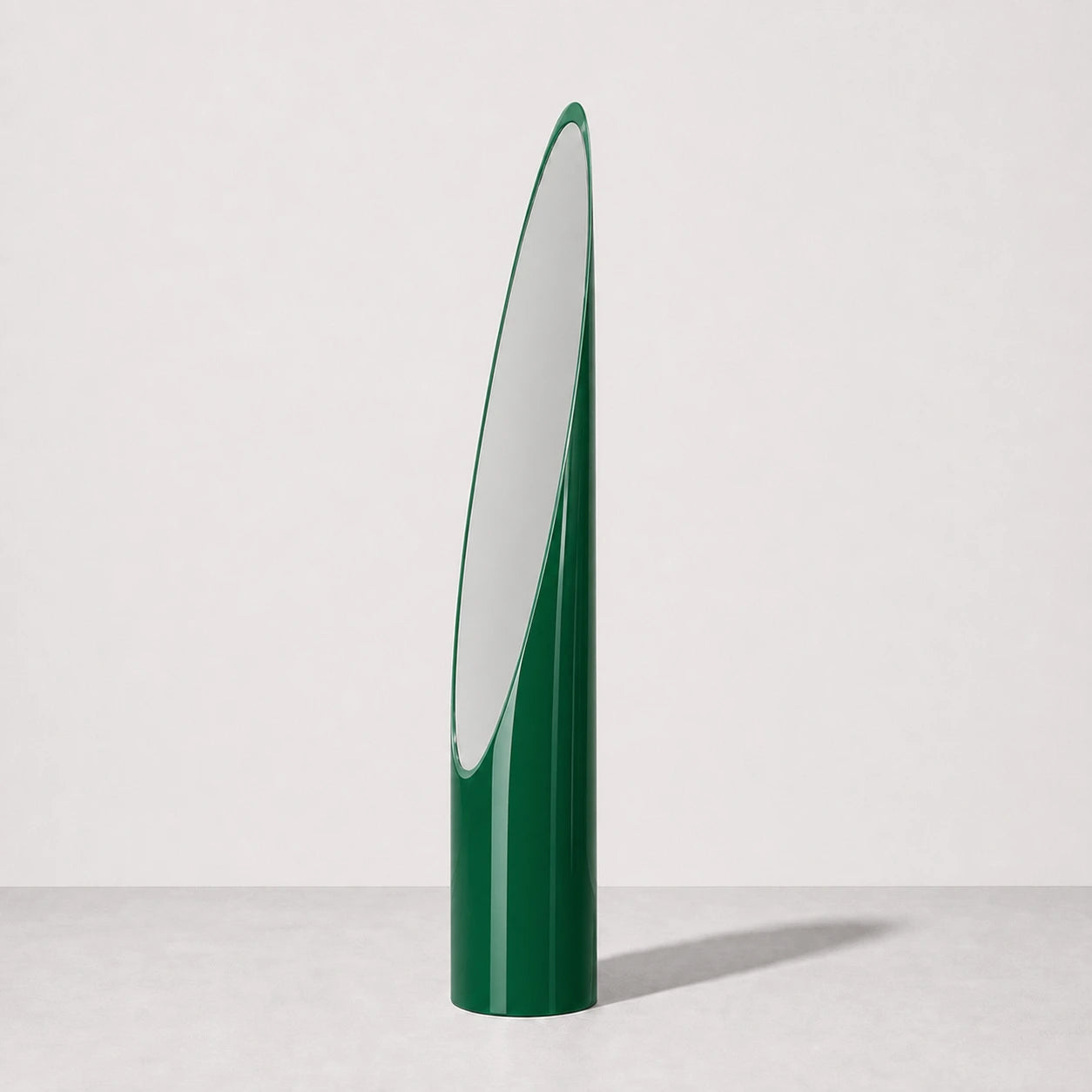 High-gloss green Lipstick floor mirror in a warm neutral studio, front hero view