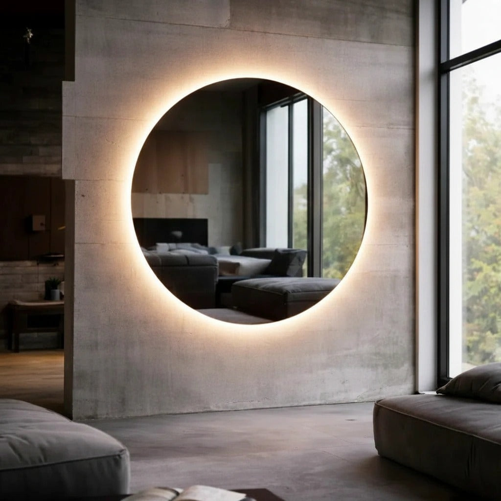 Round warm-white LED wall mirror in a concrete loft with floor-to-ceiling windows