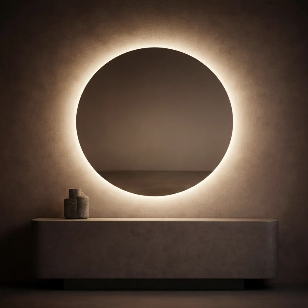 Round warm-white LED backlit wall mirror styled over a stone console