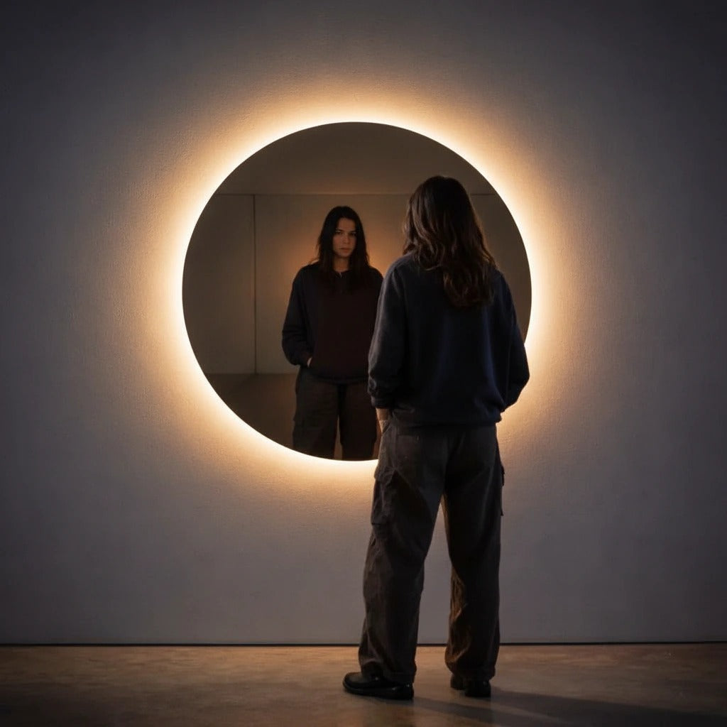 Frameless round warm-white LED mirror in a dark gallery, shown to scale