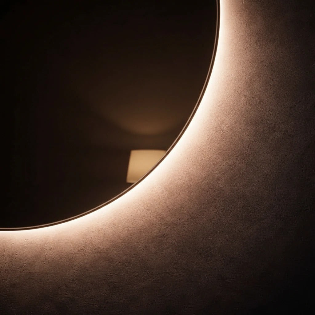 Close-up of the warm-white LED halo glowing around the frameless mirror edge