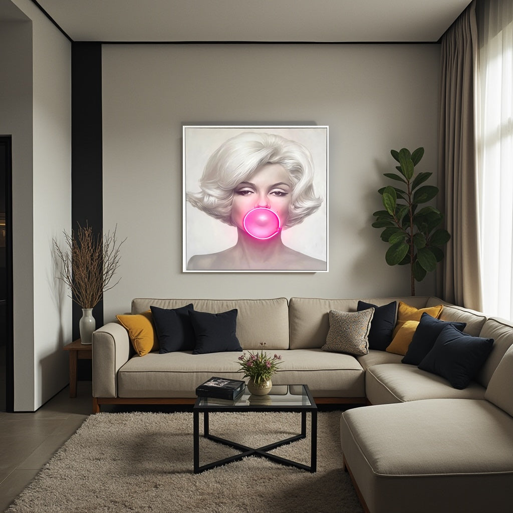 Marilyn Monroe Bubble Gum LED Wall Art – Pink LED Canvas with Bubble Accent Wall Art Interior Moderna