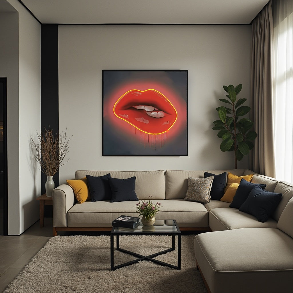 Red Lips LED Wall Art | Lip Biting Red LED Canvas with Paint Drip Wall Art Interior Moderna