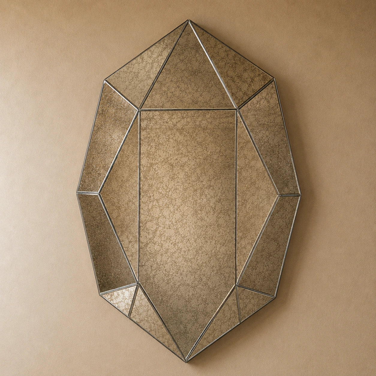 Faceted antiqued smoke wall mirror — irregular gemstone-cut silver-grey glass, alternate hero