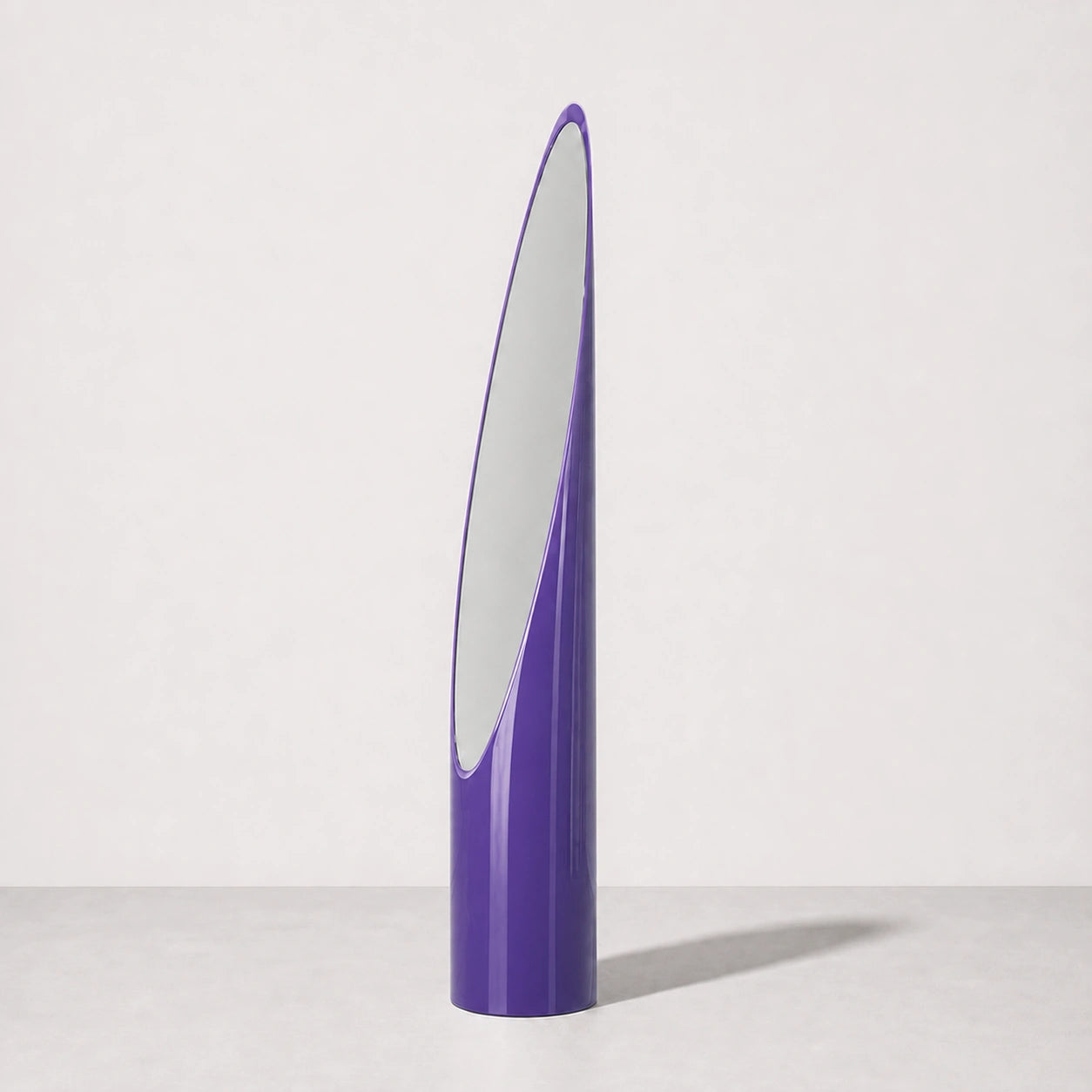 High-gloss purple Lipstick floor mirror in a warm neutral studio, front hero view