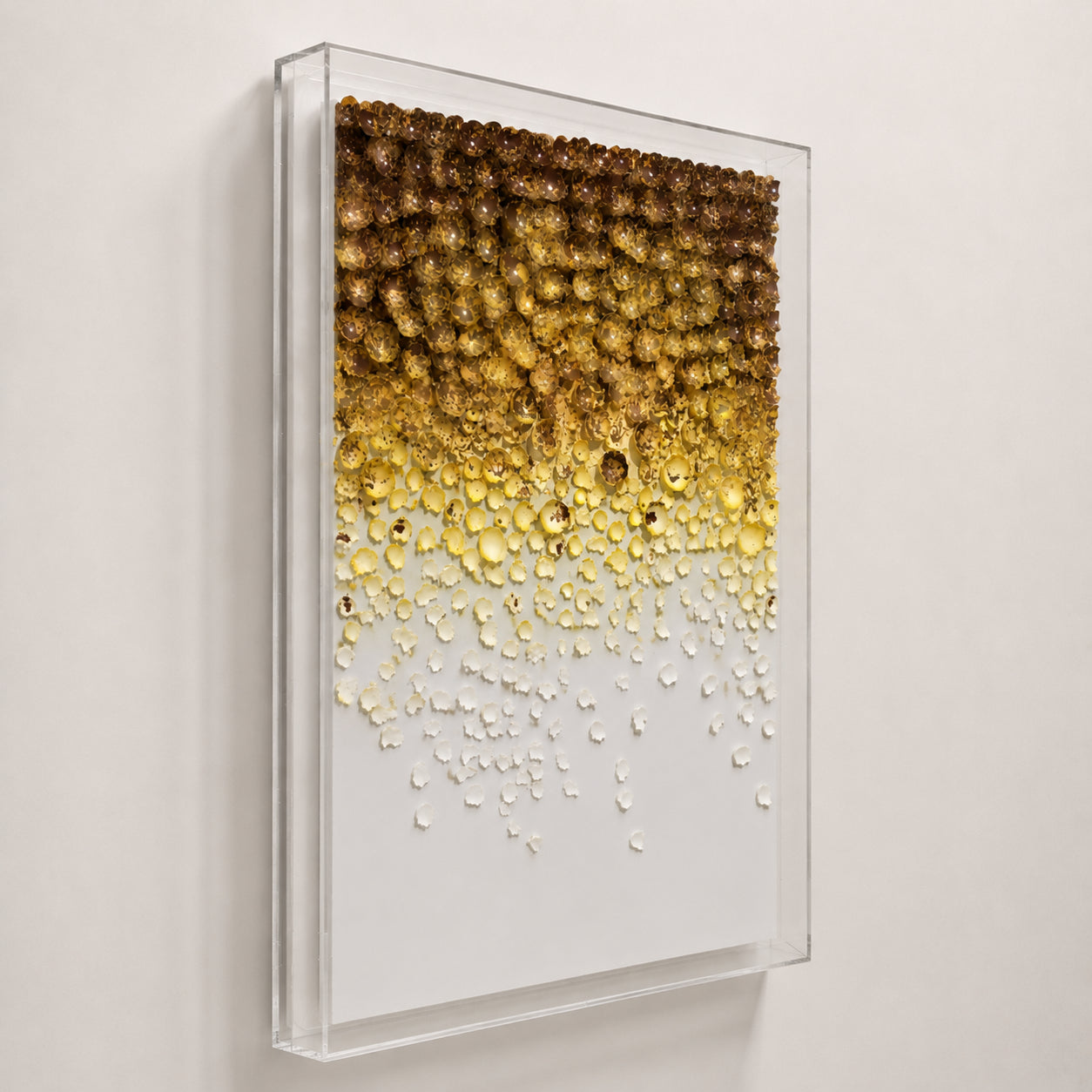 Sedimentation | Citrine amber paper relief — angled view, dimensional acrylic float frame