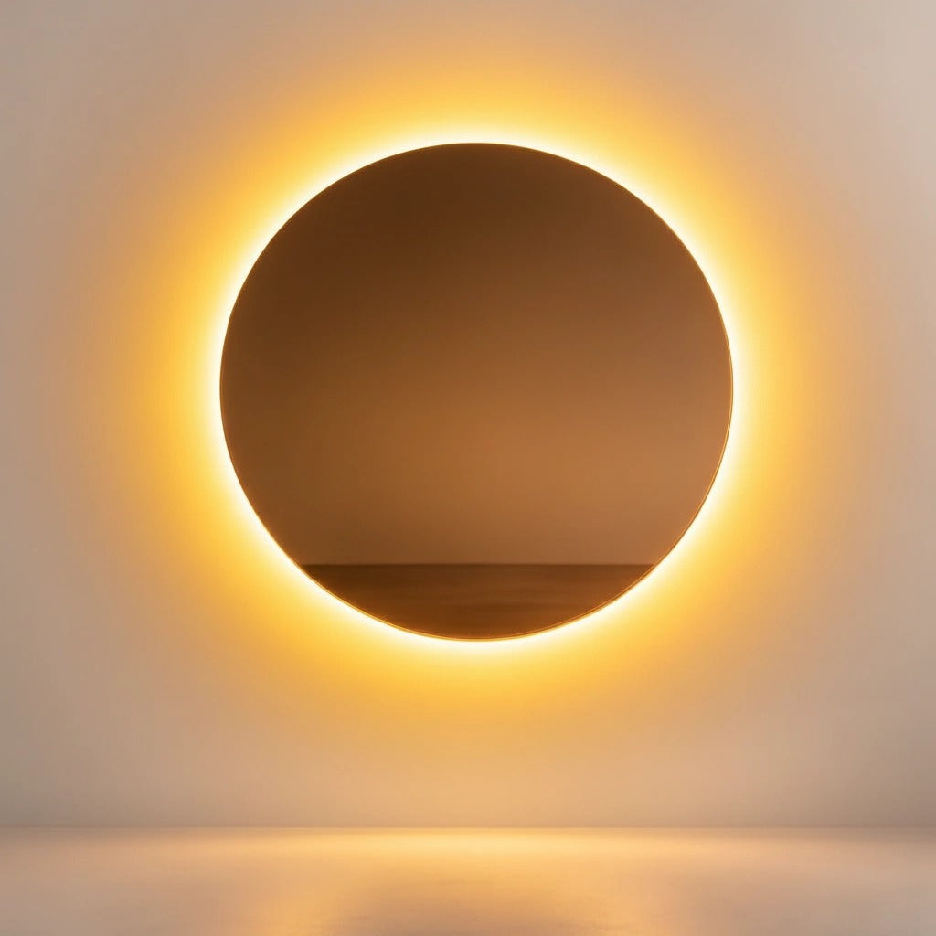 Yellow round LED backlit wall mirror — frameless Solar Eclipse mirror with a golden halo on a pale gallery wall