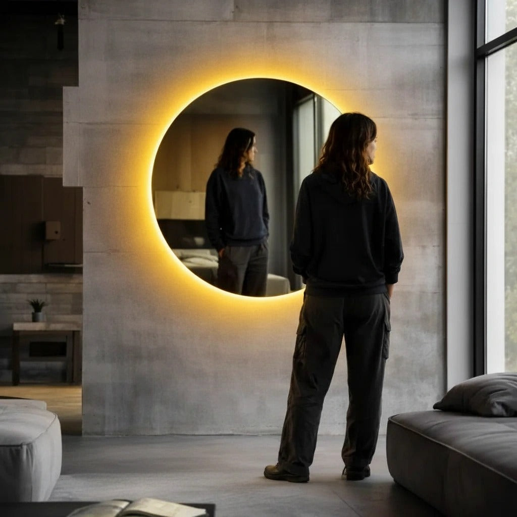Yellow backlit round wall mirror in a concrete loft, reflection visible, shown to scale beside a person
