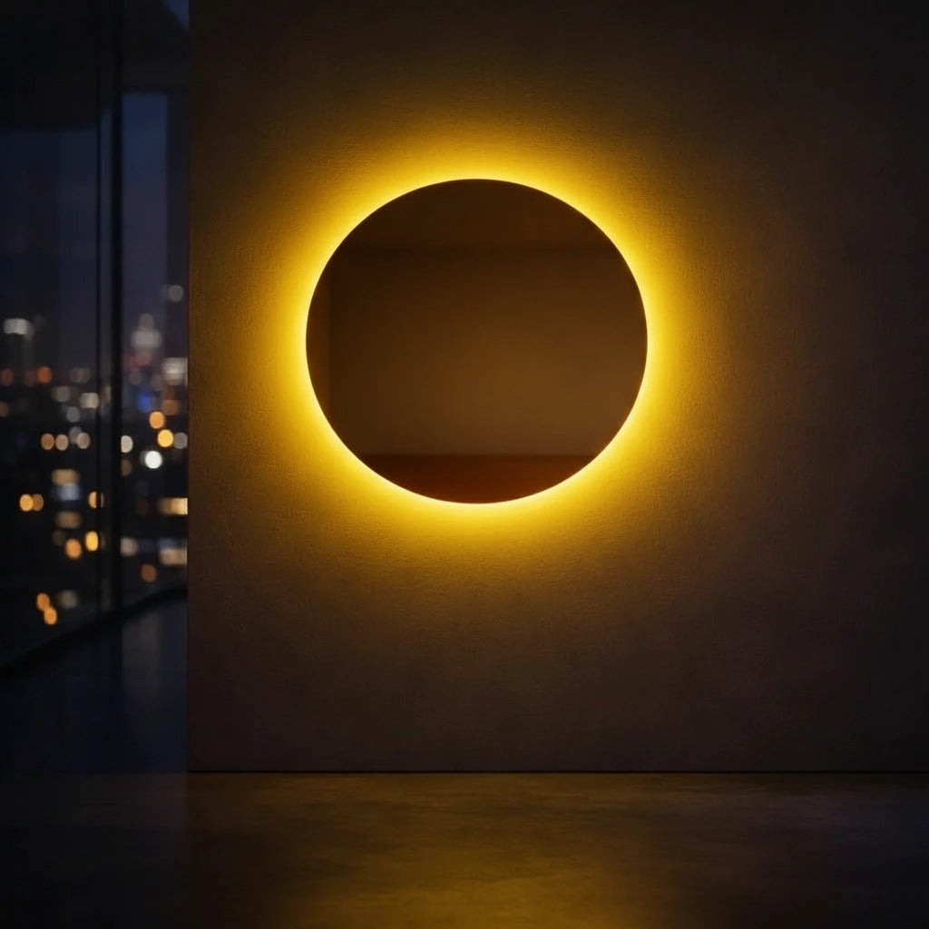 Yellow round LED wall mirror glowing against a night penthouse window