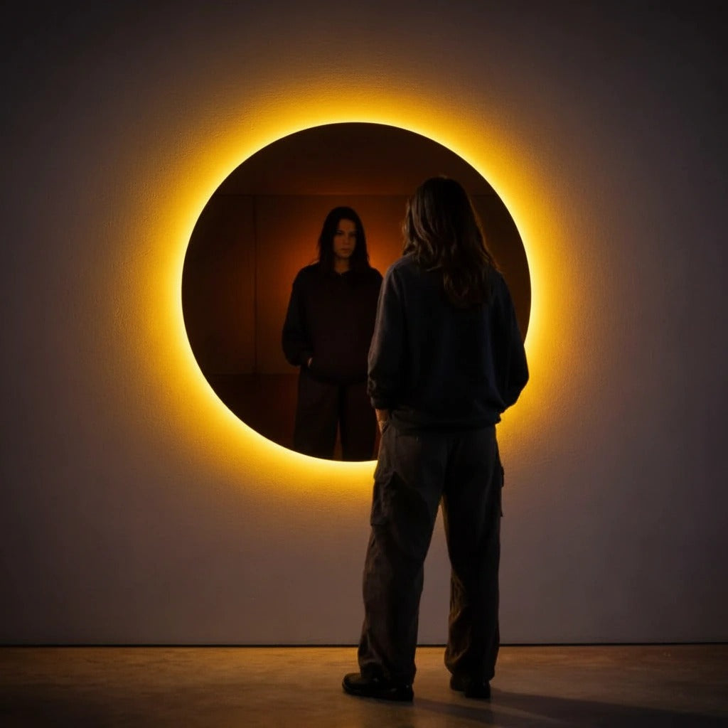 Frameless round yellow LED mirror in a dark gallery, shown to scale