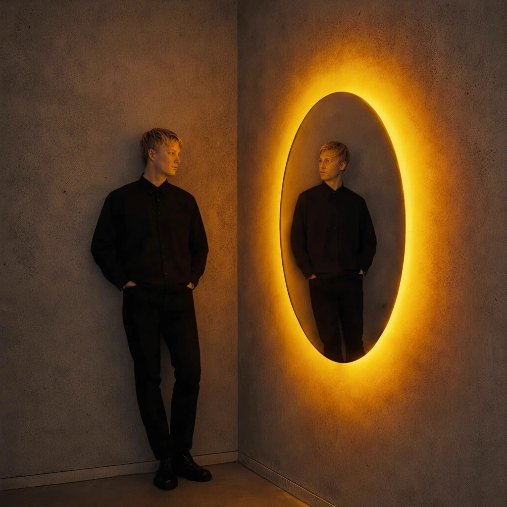Yellow LED round wall mirror in a room corner, shown to scale beside a standing person