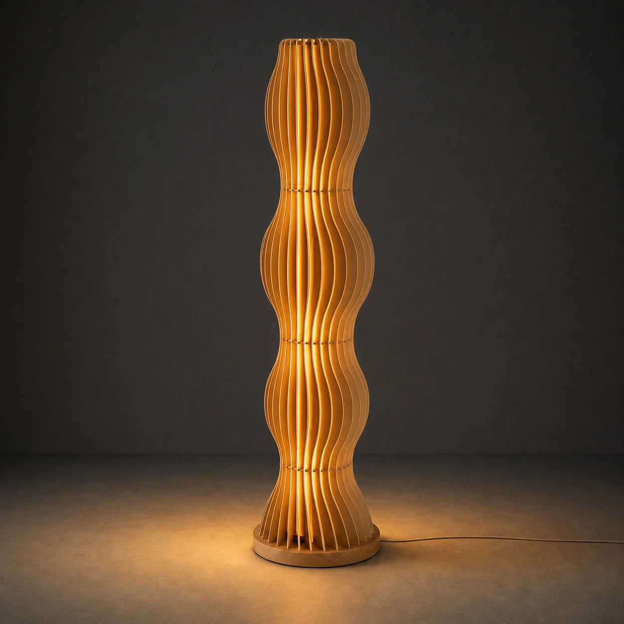 Brown slatted wood floor lamp glowing with warm 2700K ambient light