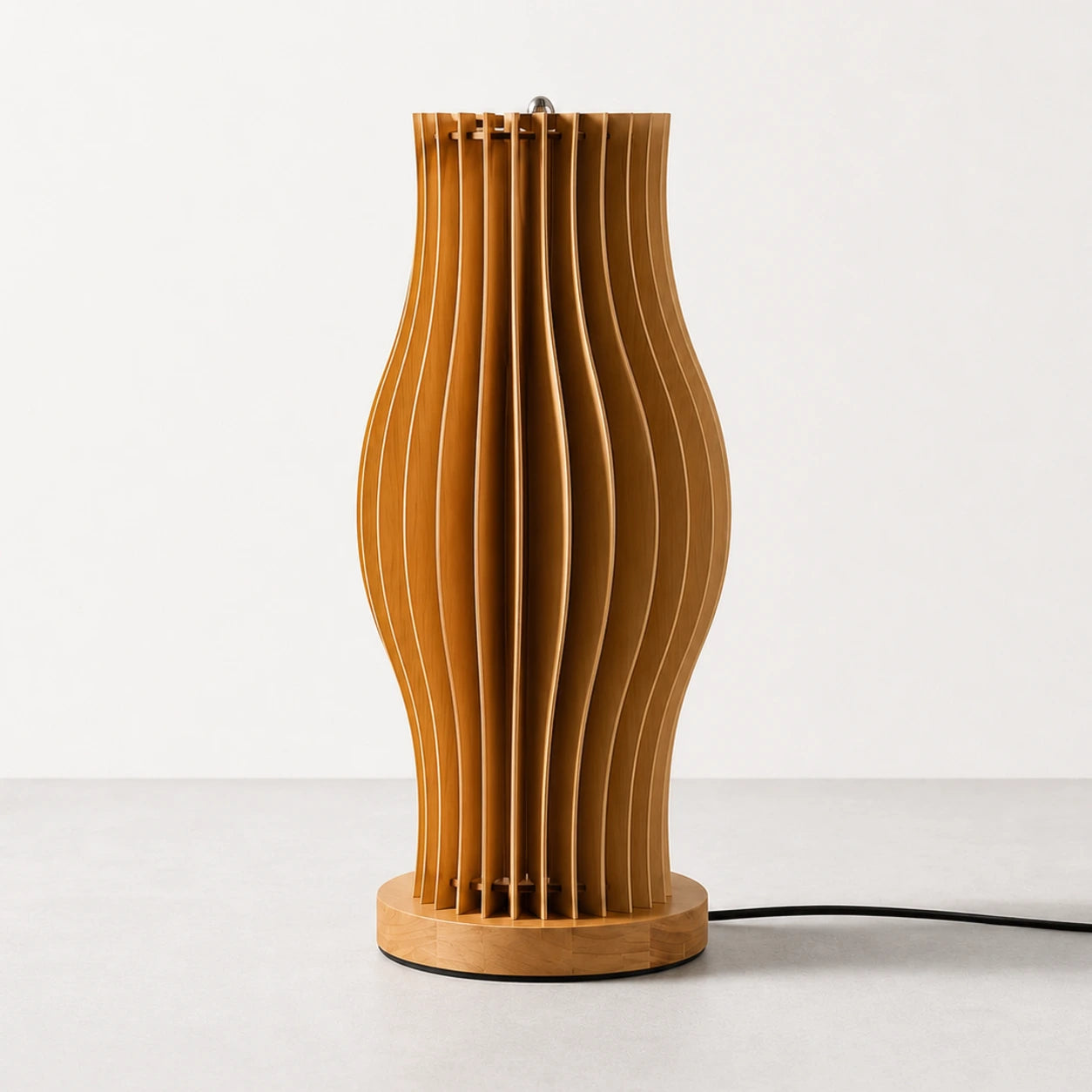 Brown slatted wood table lamp on warm off-white studio background