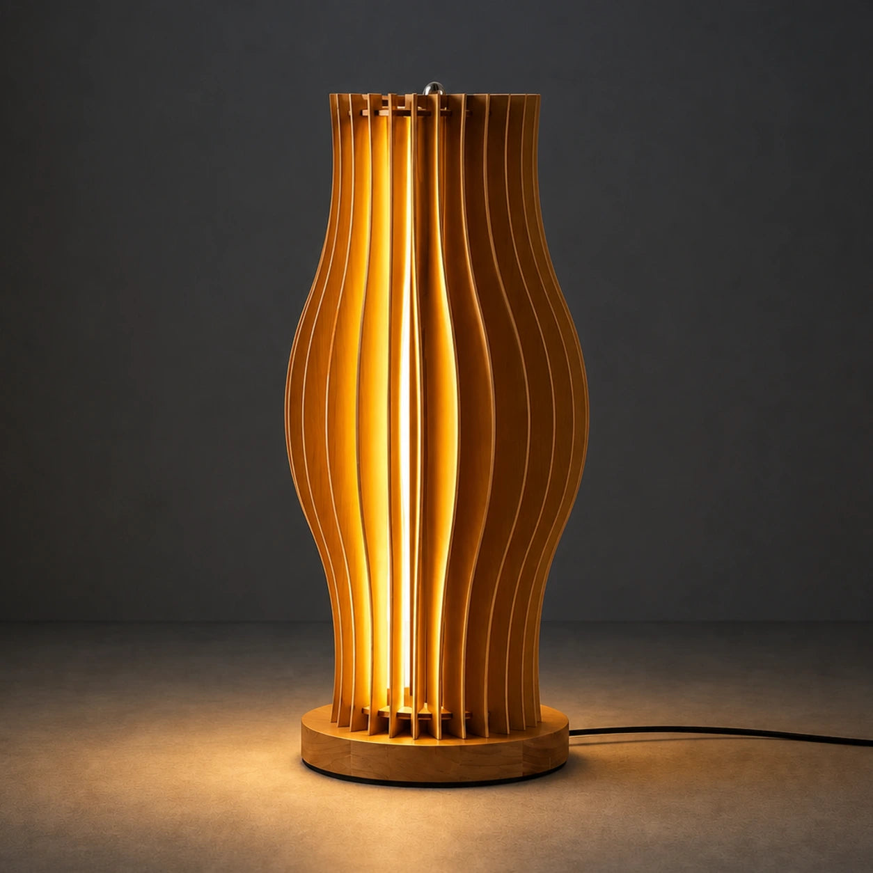 Brown slatted wood table lamp glowing with warm 2700K ambient light
